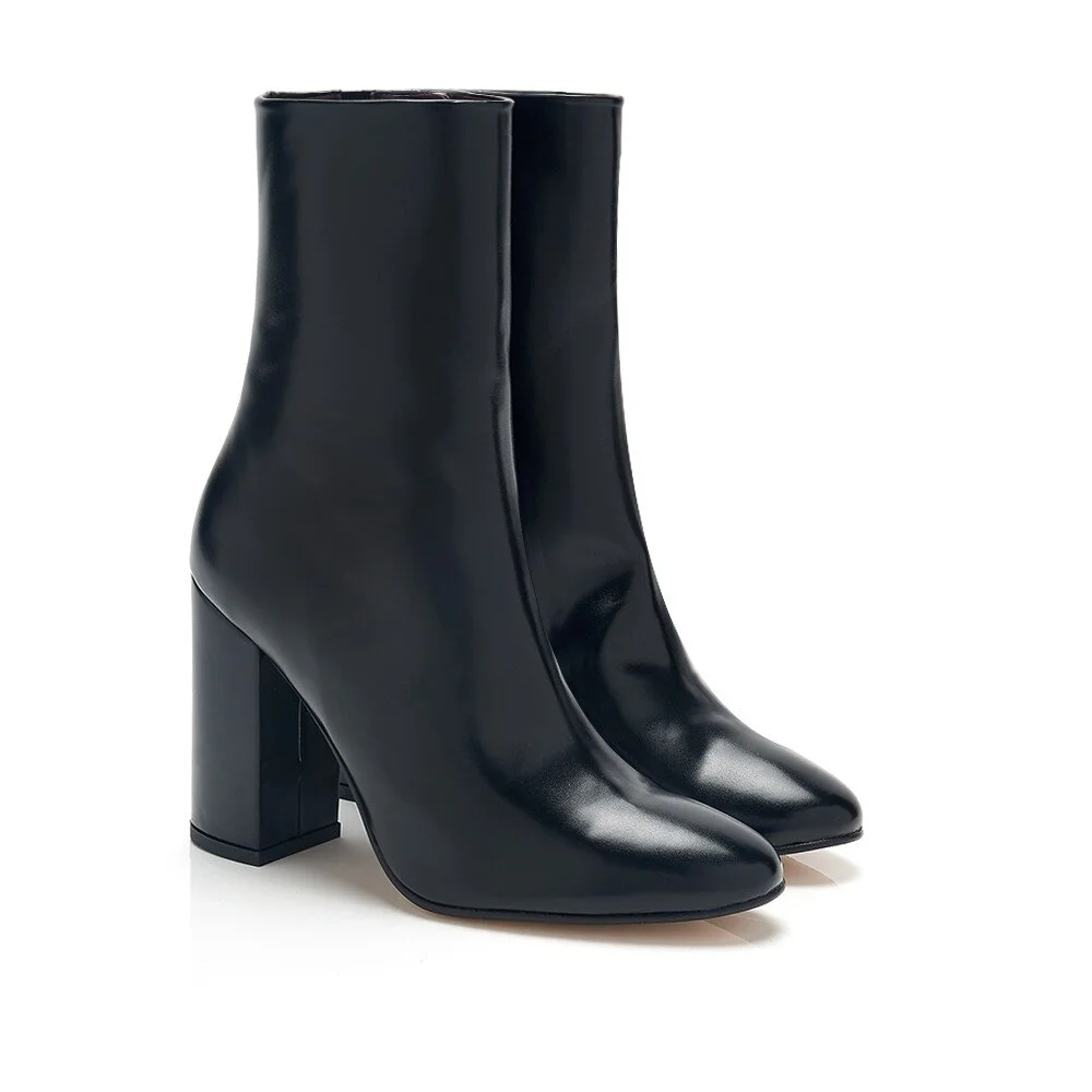 BLAISE BLACK LEATHER BLOCK HEEL VEGAN BOOTS -