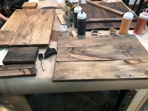 Boards after distressing and staining.