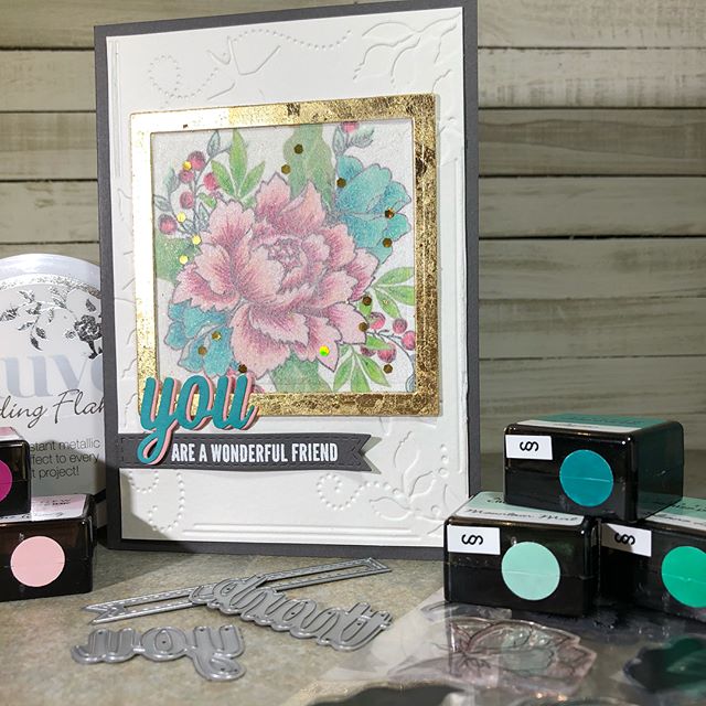 The dryer sheet technique gave this beautiful Altenew Peony Bouquet stamp arrangement soft texture. I just love the unique look you get with the Nuvo  Gilding Flakes!  #altenewchallenge #papercrafting #altenewpeonybouquet #nuvogildingflakes