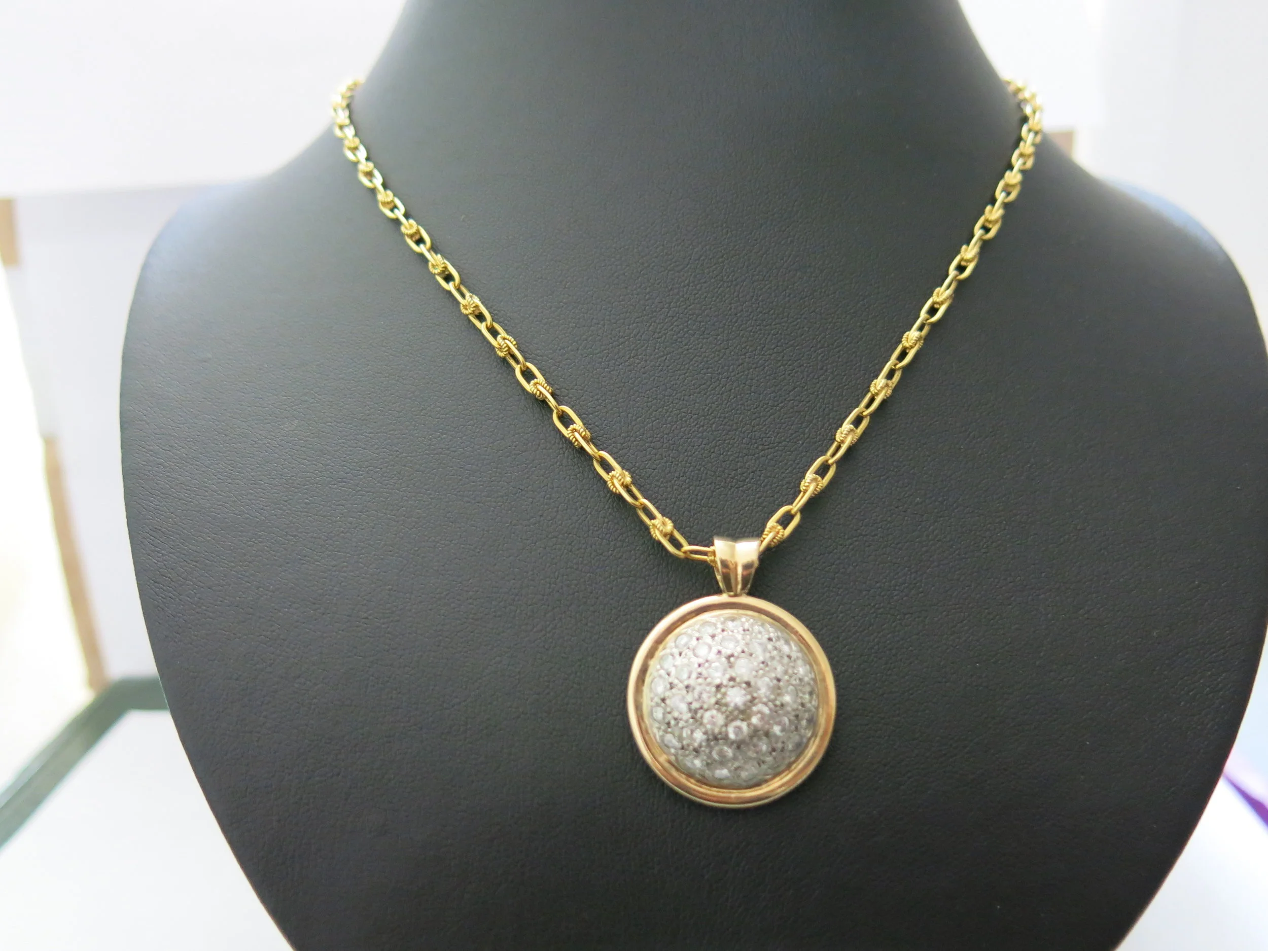 18ct Yellow Gold Domed Pavé Set Round Pendant on 18ct Yellow Gold Chain Total Diamond Weight 1.72cts