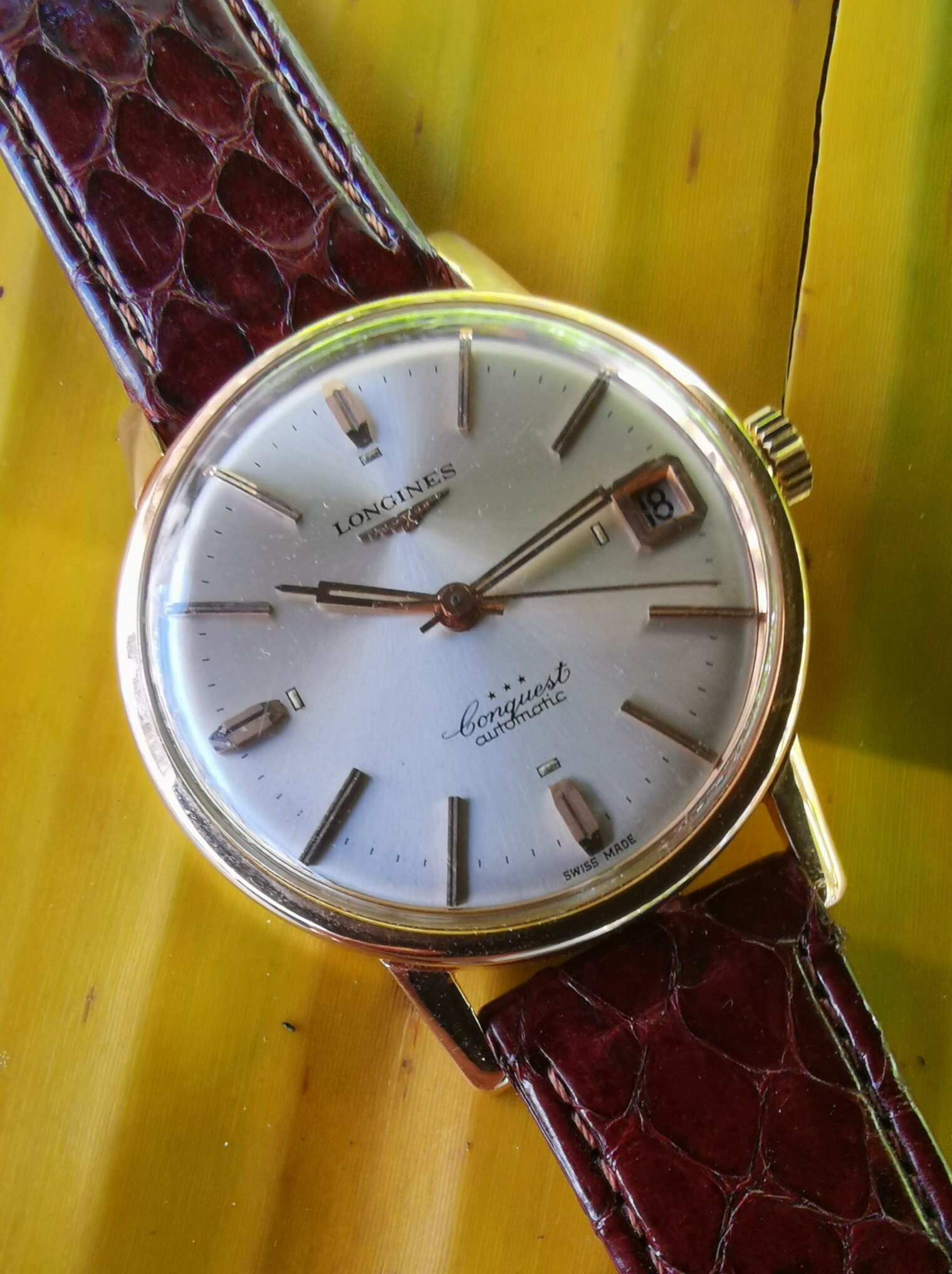 Longines Conquest 18ct pink gold Mens watch 1978 Model on lizard strap ...