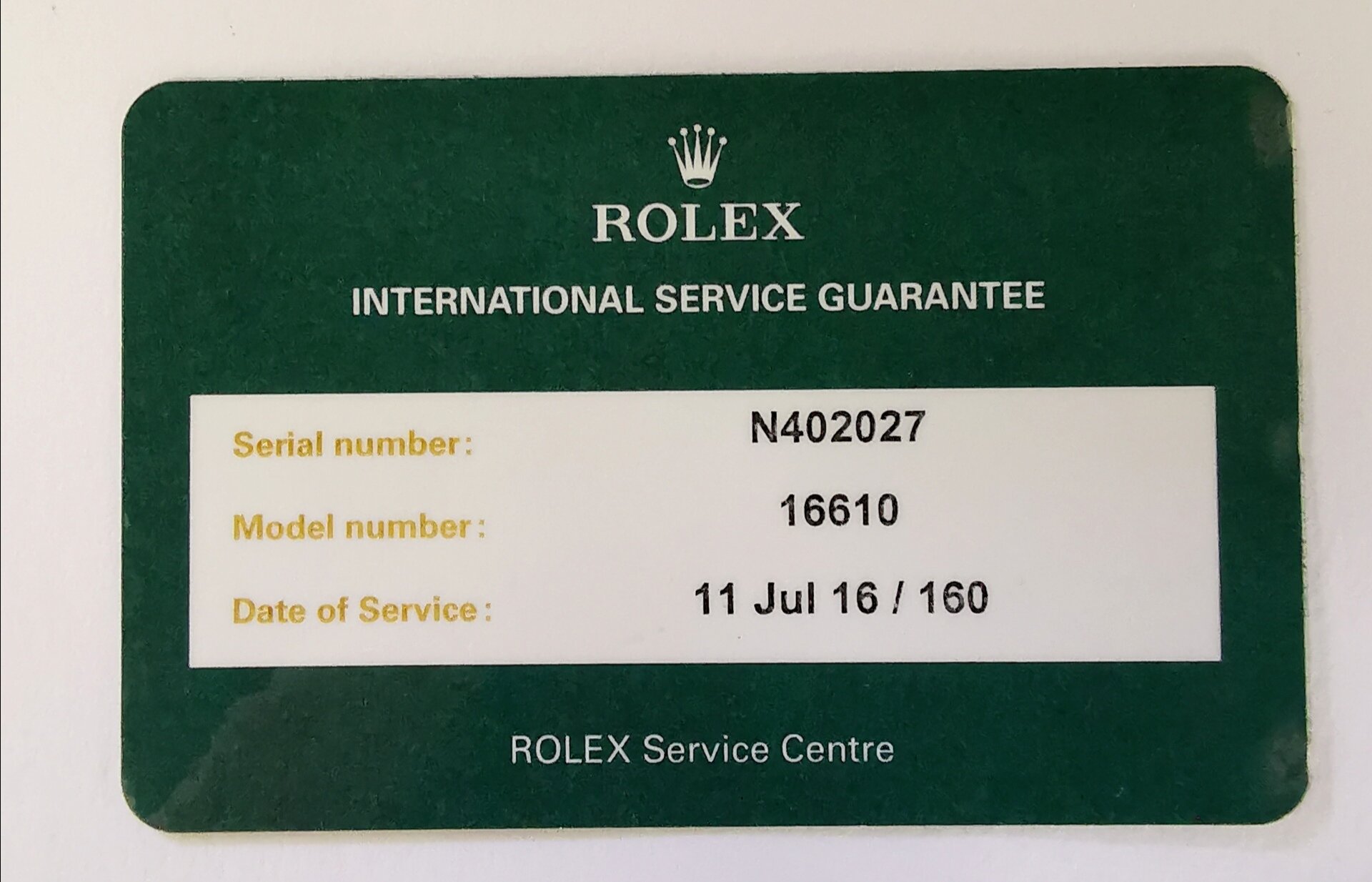 rolex service card