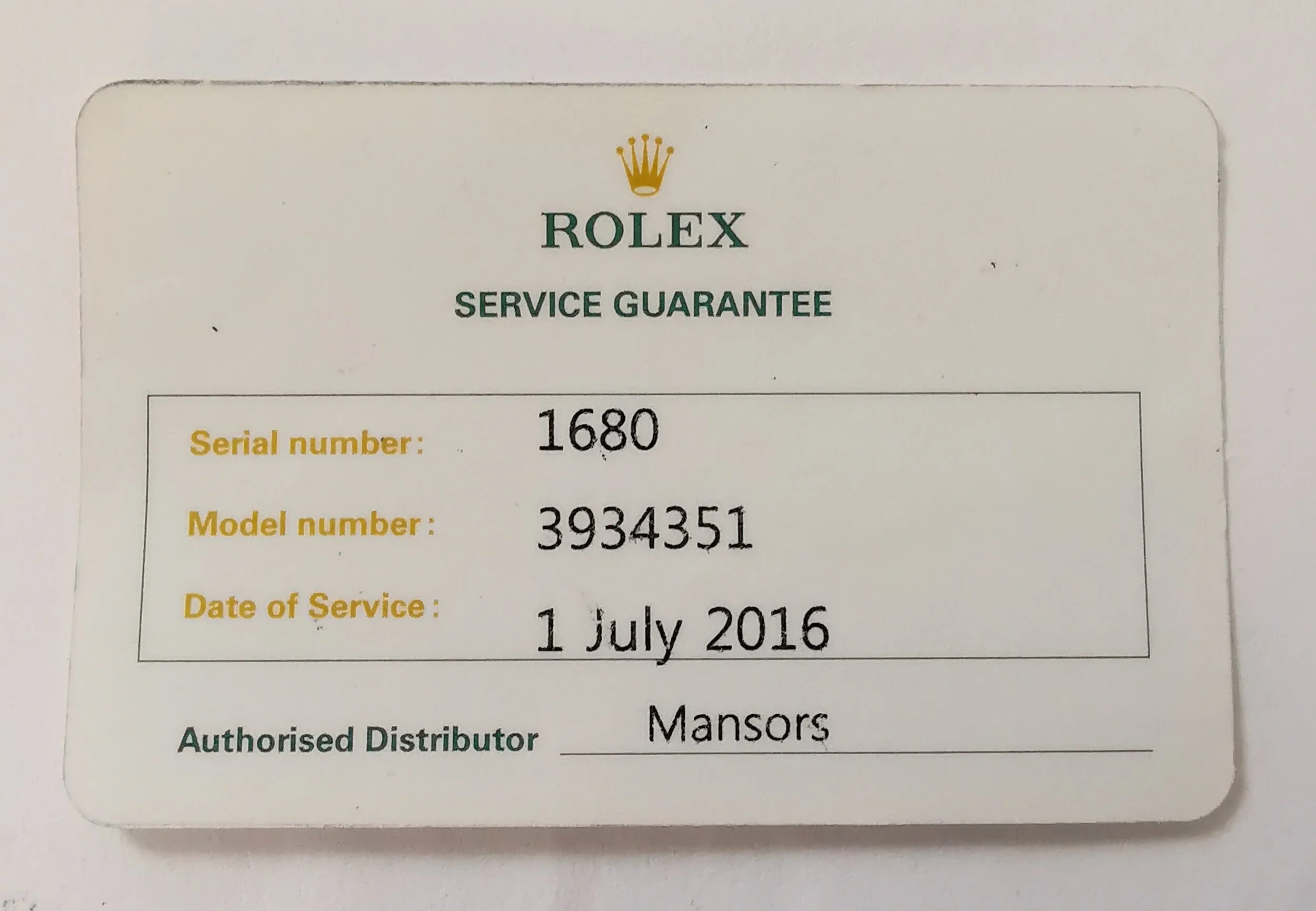 Serial Number Rolex Submariner Warranty Card Rolex Papers