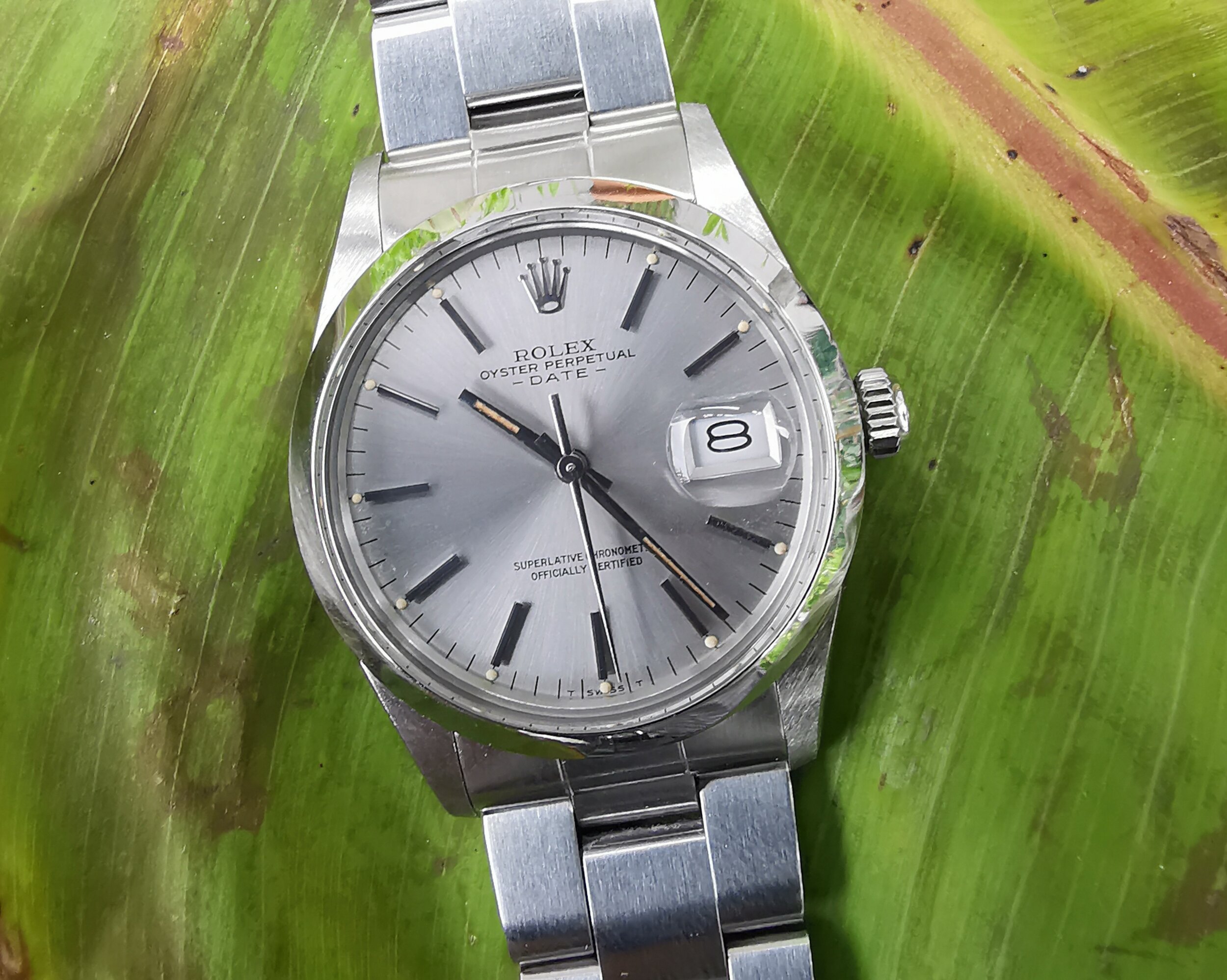 Rolex Oyster Perpetual Date Ref. 15000 Stainless steel Men's watch on  bracelet 1982 Model with Pouch — About Time