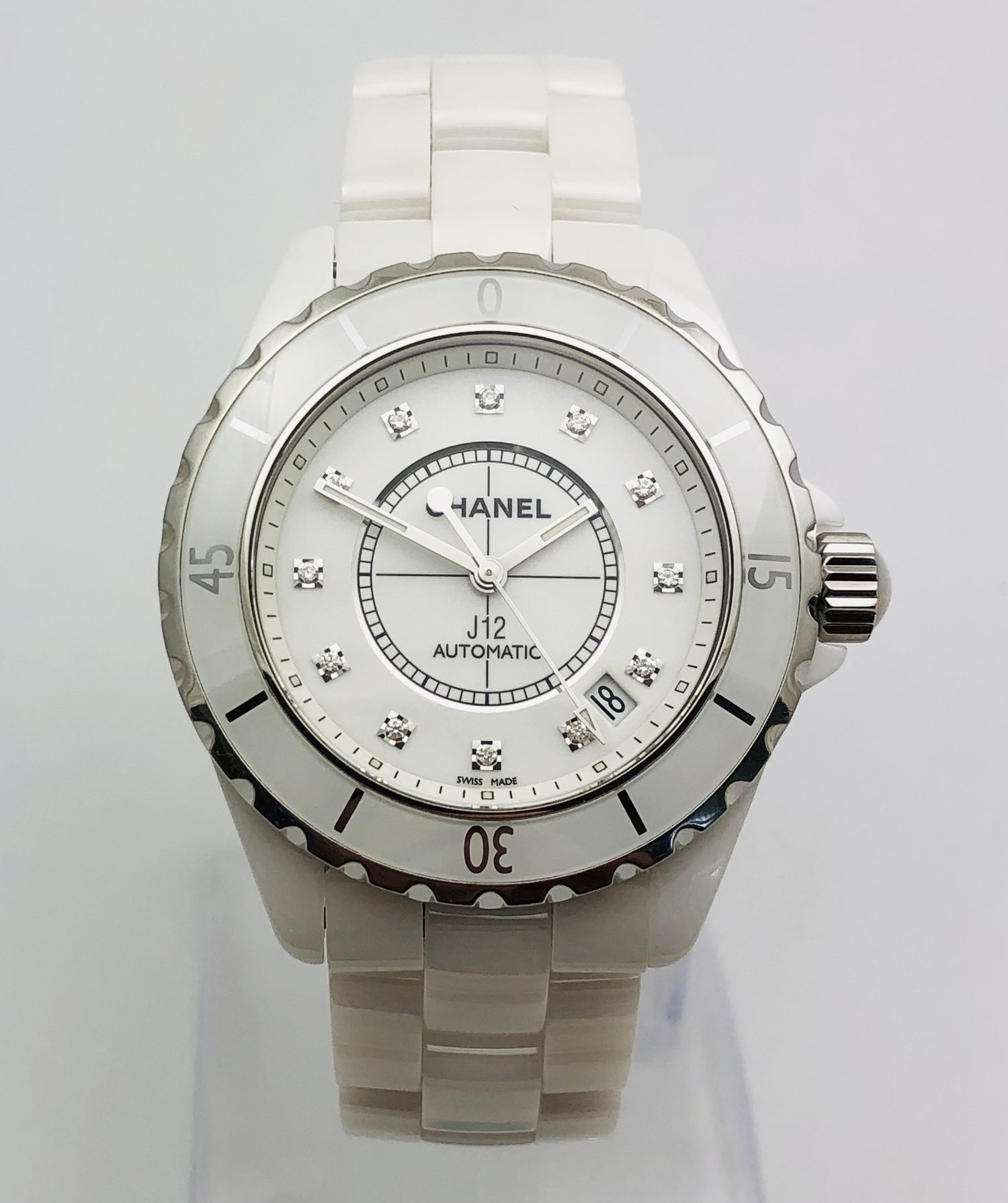 CHANEL J12 Full Size Automatic White CERAMIC Diamond Dial Ladies Wristwatch  Ref H1629 Box and Papers — About Time