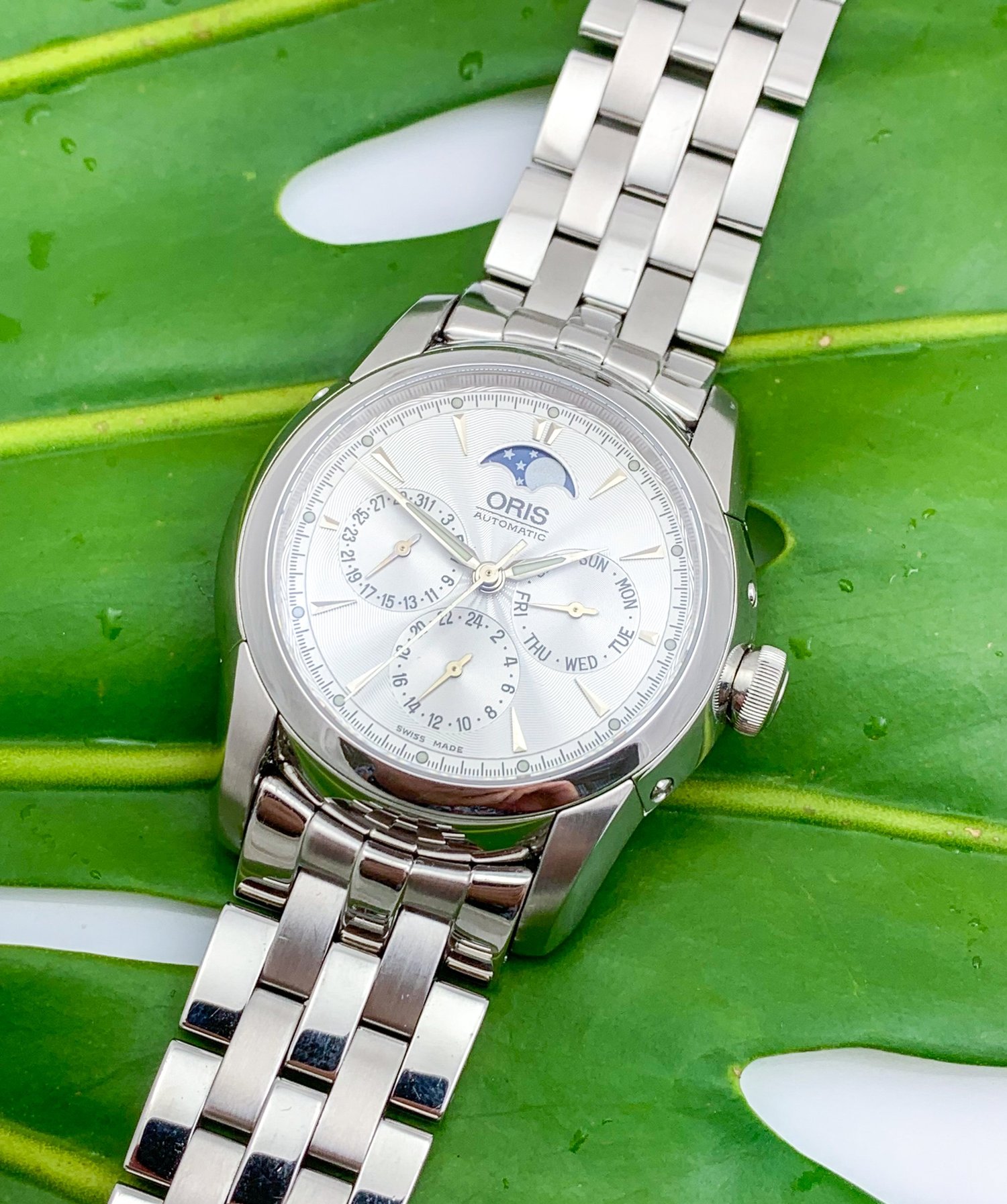 ORIS Artlier Triple Calendar Moonphase 7546A Automatic Steel Mens Wristwatch 2000 Model on bracelet Serviced — About Time