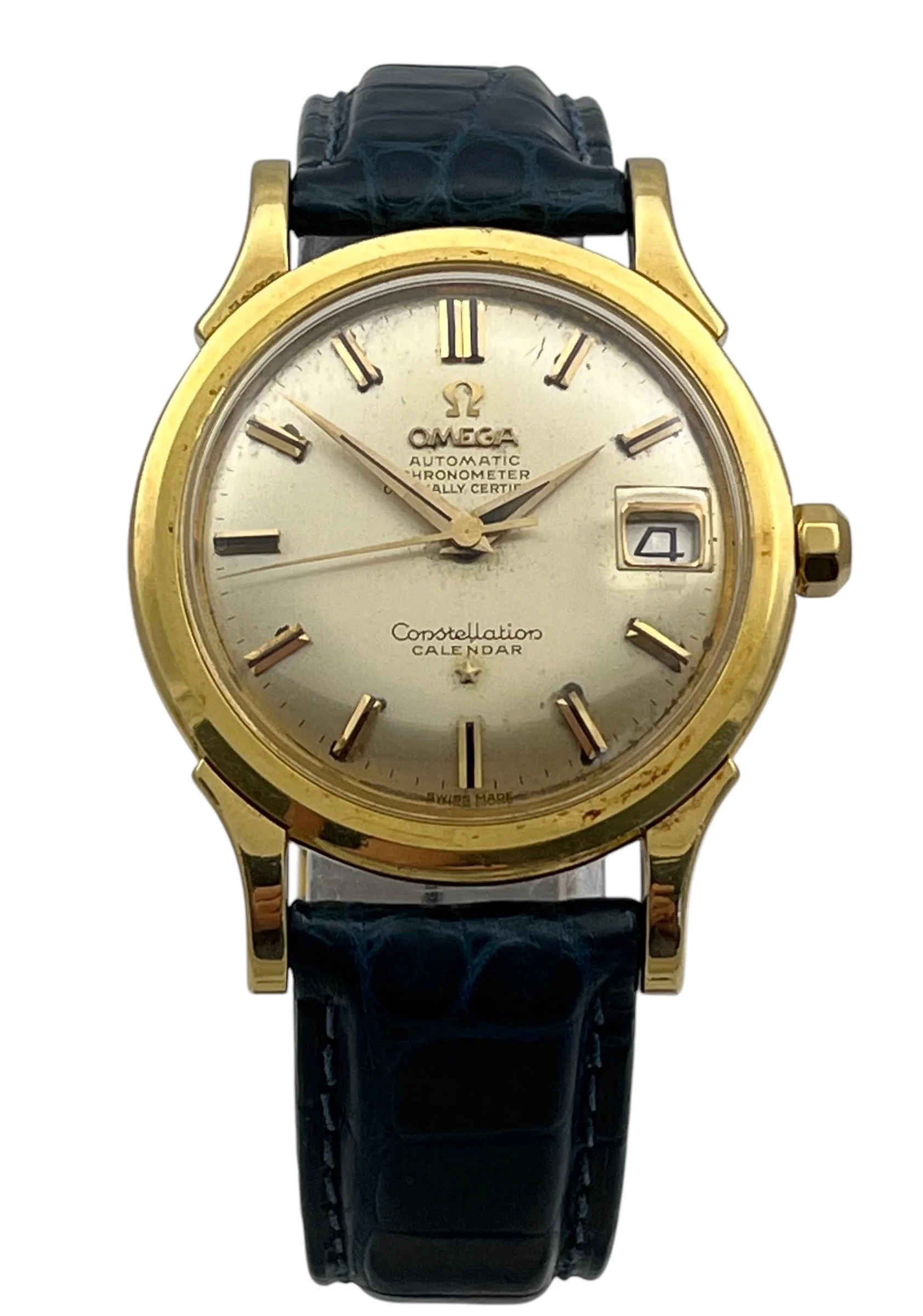 Omega RARE Constellation Calendar Solid 18ct Yellow Gold Automatic Mens Wristwatch circa 1960 Reference 2943SC / 2954 with ORIGINAL BOX AND PAPERS Newly Serviced.