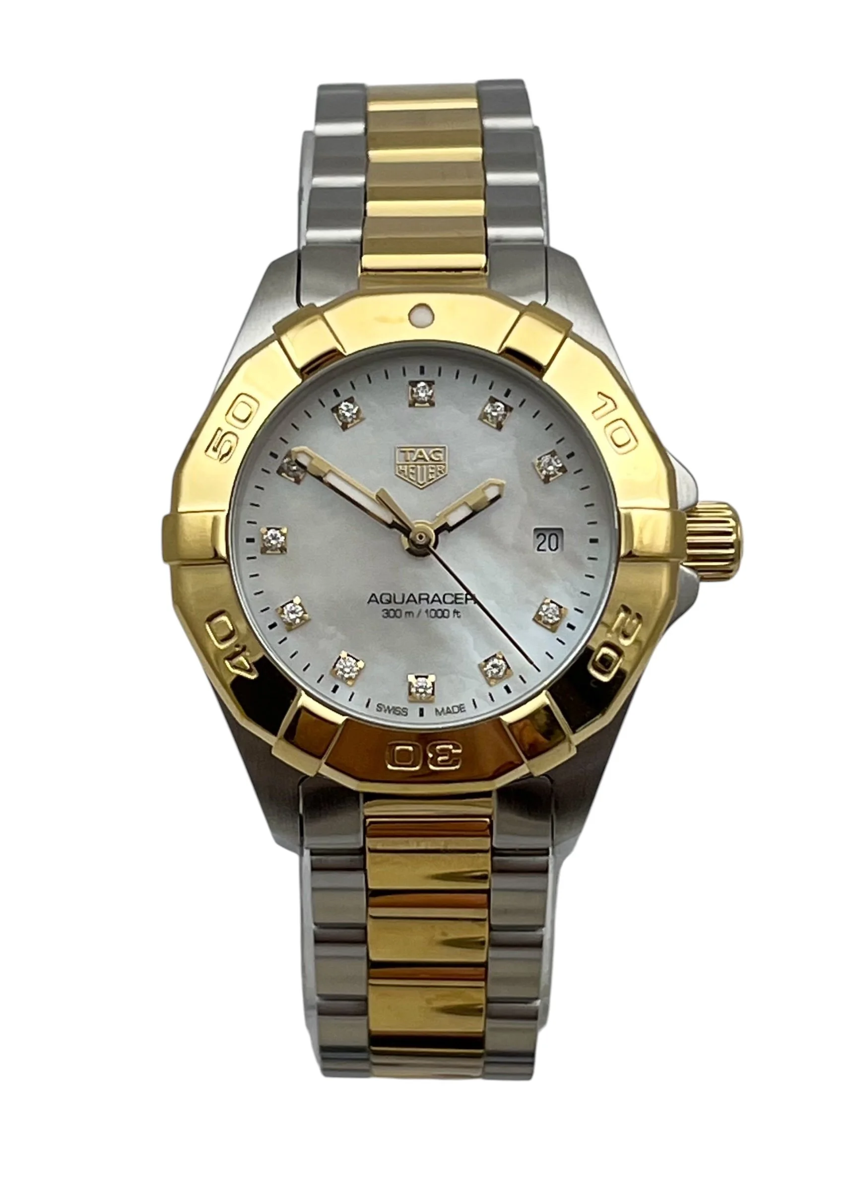 TAG Heuer Mother of Pearl Diamond Dial Aquaracer 300M Quartz Stainless Steel and Gold Plate Ladies Wristwatch Ref WBD1422