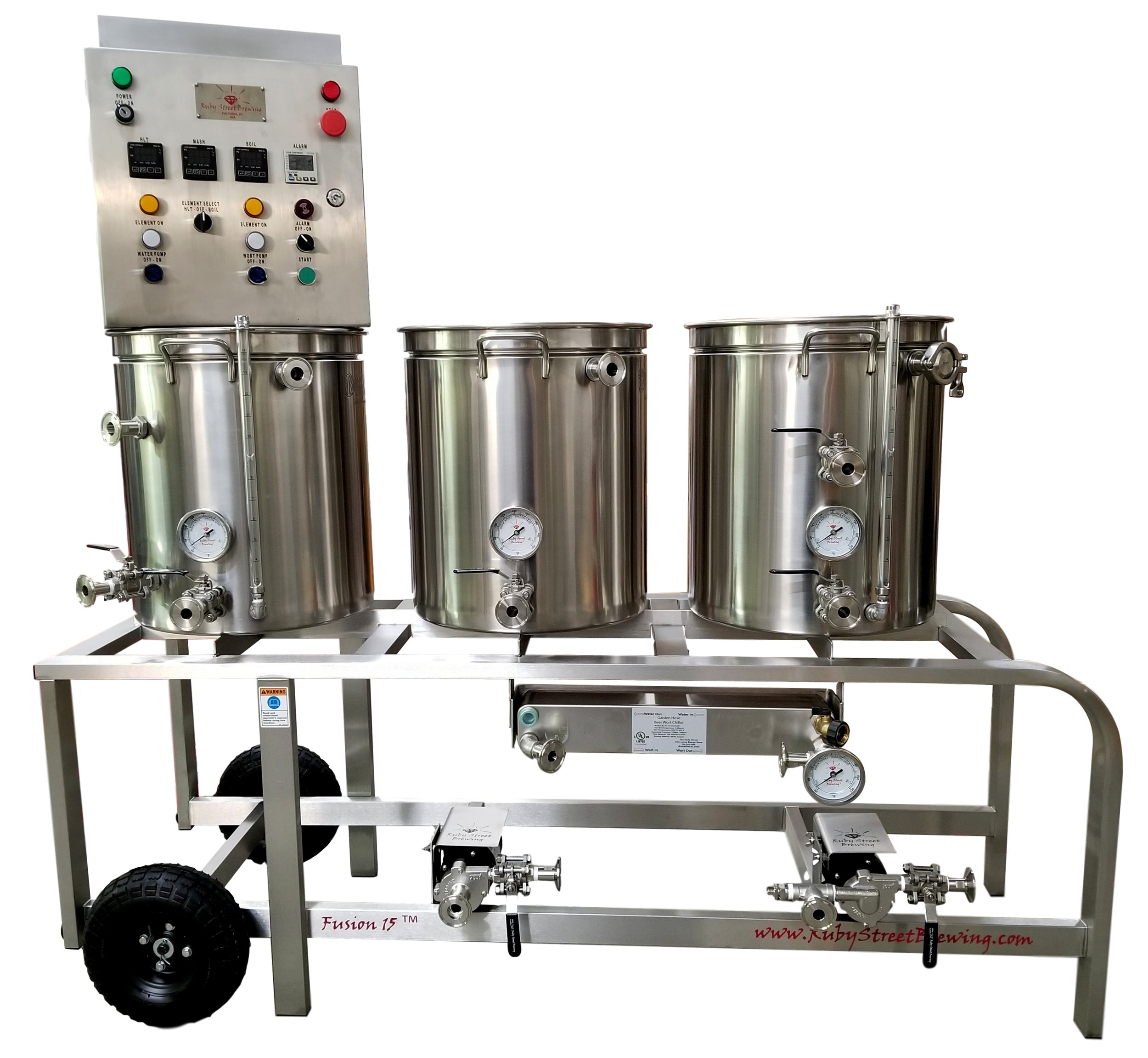 Shown with options: Stainless Frame Upgrade, Plate Chiller, Whirlpool, Sight Level Gauges, Through-wall Boil, Boil Kettle Thermometer