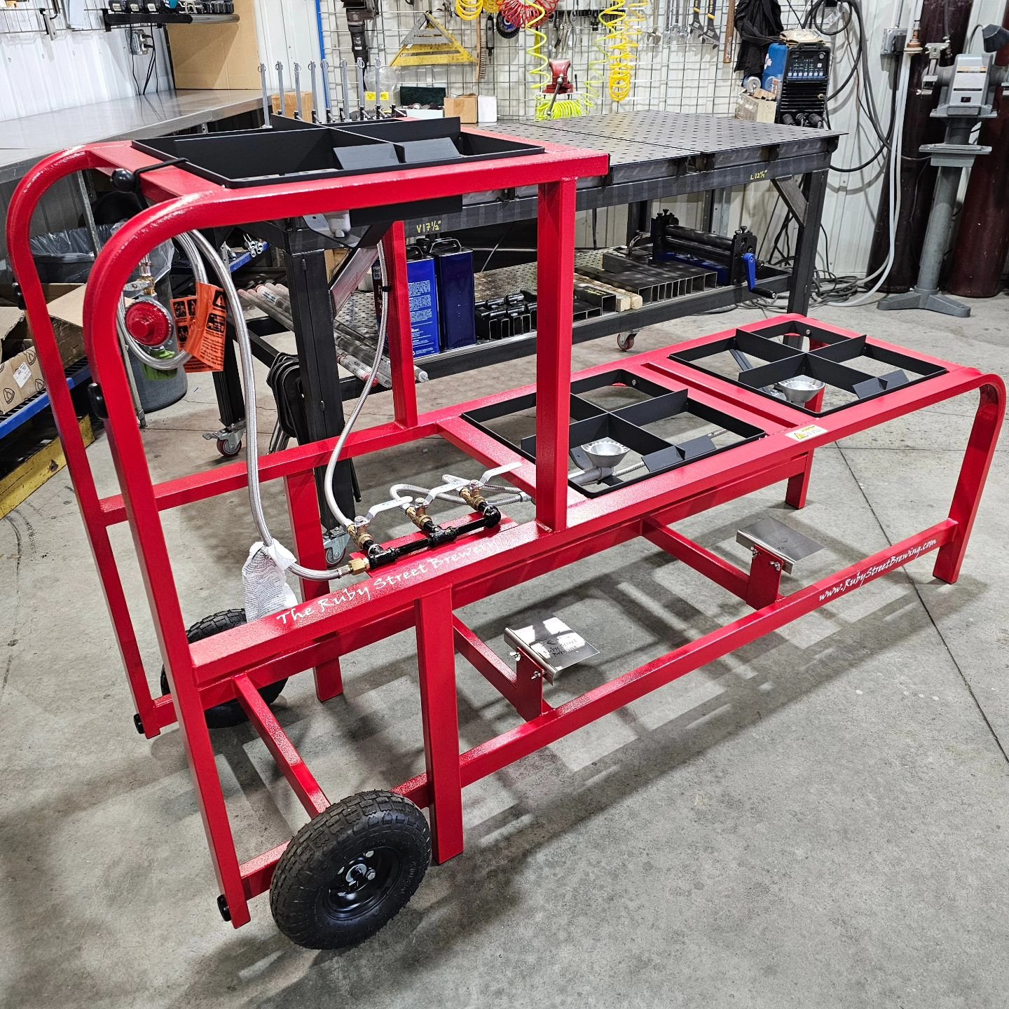 Helping another customer integrate the kettles, pumps, and other accessories they already own into a compact and mobile integrated brewing system.  This frame is our original Ruby Street 2 tier design that we started with over 13 years ago.  This one