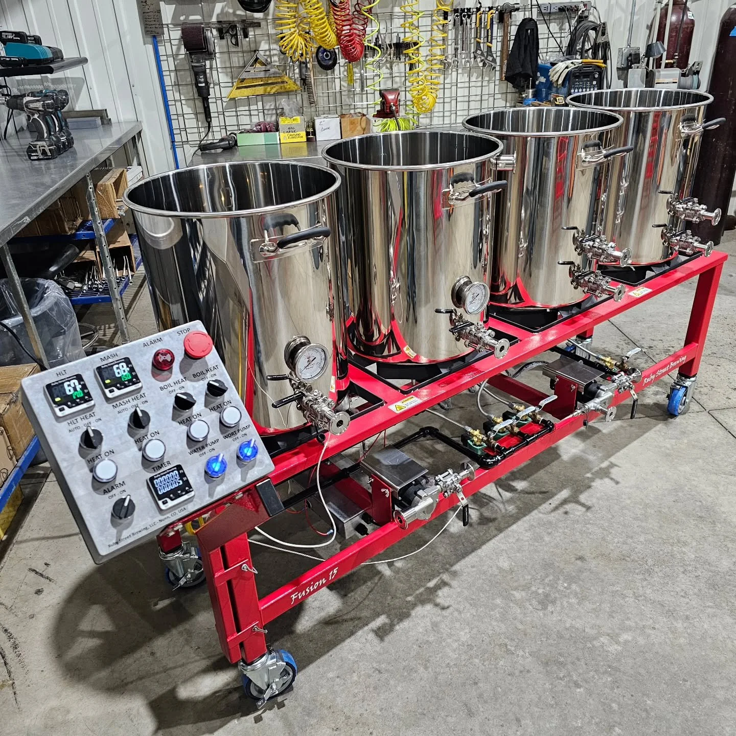 Nothing beats the experience of working directly with our customers to build exactly what they want!  These guys asked, "Can we get a Fusion 15 stretched to 4 vessels with 2 boil kettles?" "Can we also get casters, and have it built fo