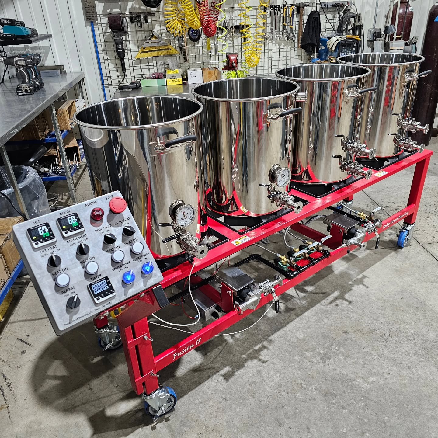 Nothing beats the experience of working directly with our customers to build exactly what they want!  These guys asked, "Can we get a Fusion 15 stretched to 4 vessels with 2 boil kettles?" "Can we also get casters, and have it built fo