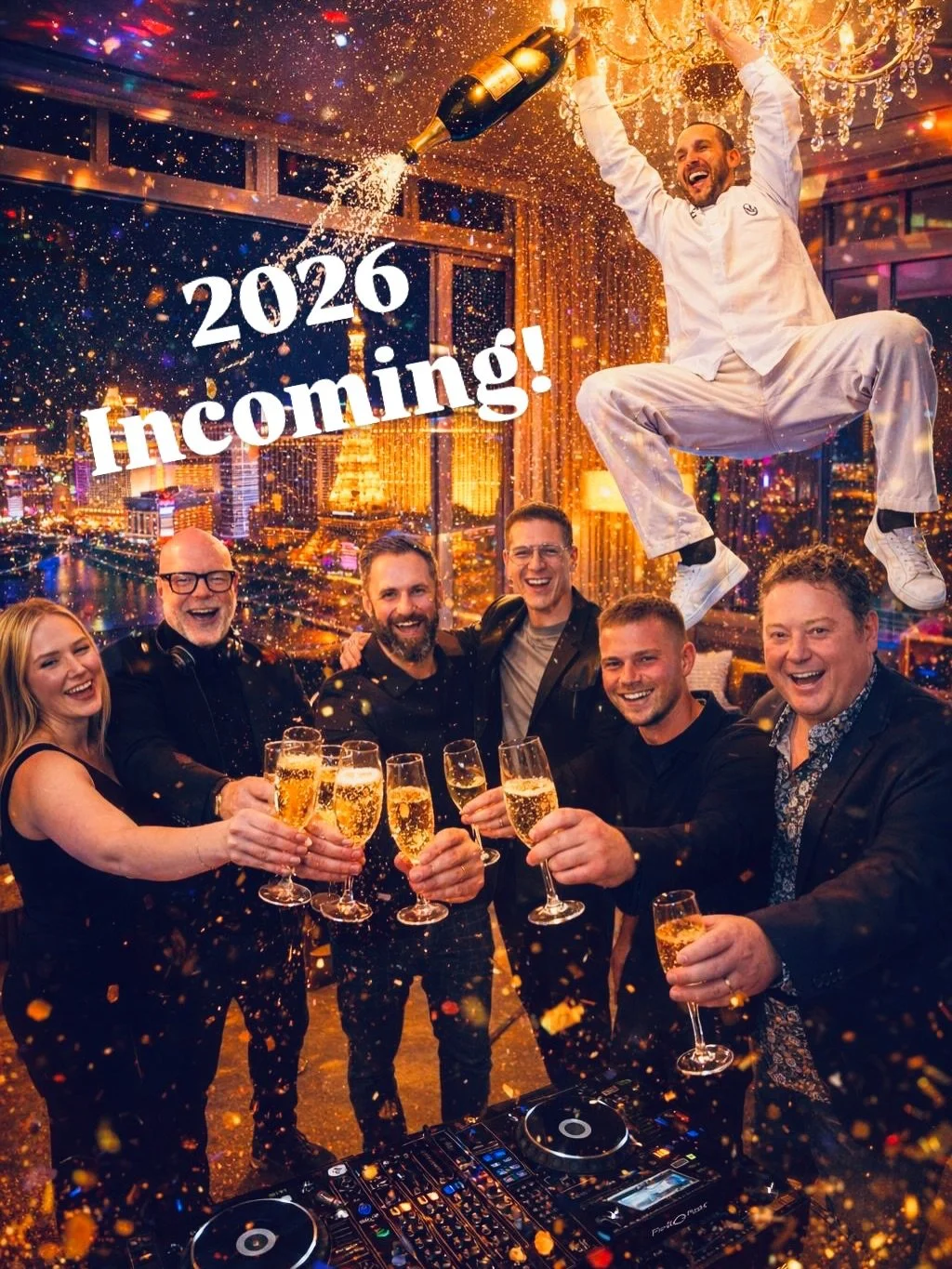 Wishing everyone a Happy New Year! 
.
.
Ai Prompt for NYE party shot. Copy paste with your fav group image in chat gpd&hellip;Tag me in to your results!
.
.
.
.
Only use the same amount of people in these pictures we want to keep the likeness of each