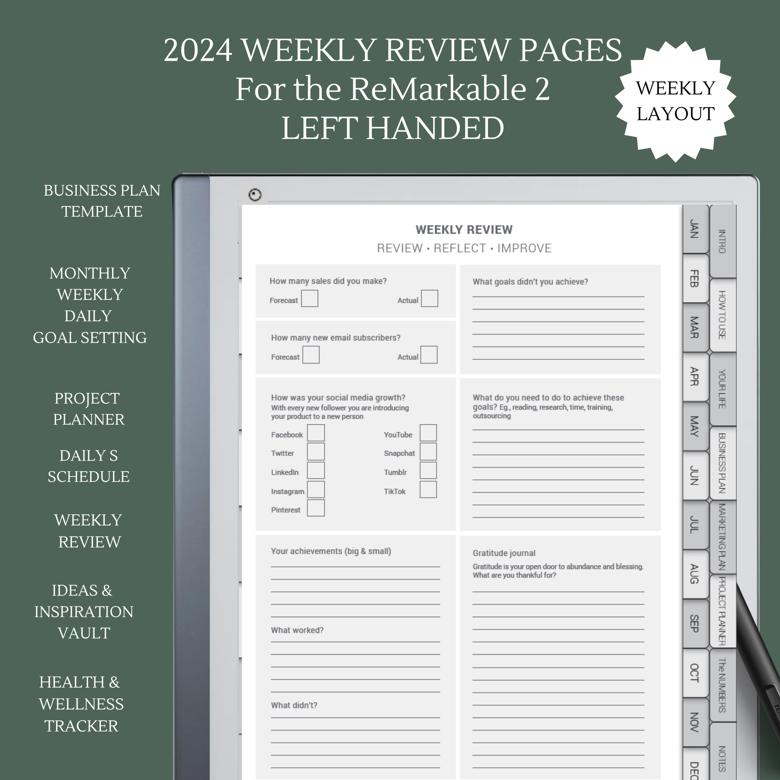 2024 Daily Productivity Planner for reMarkable 2 PDF Template