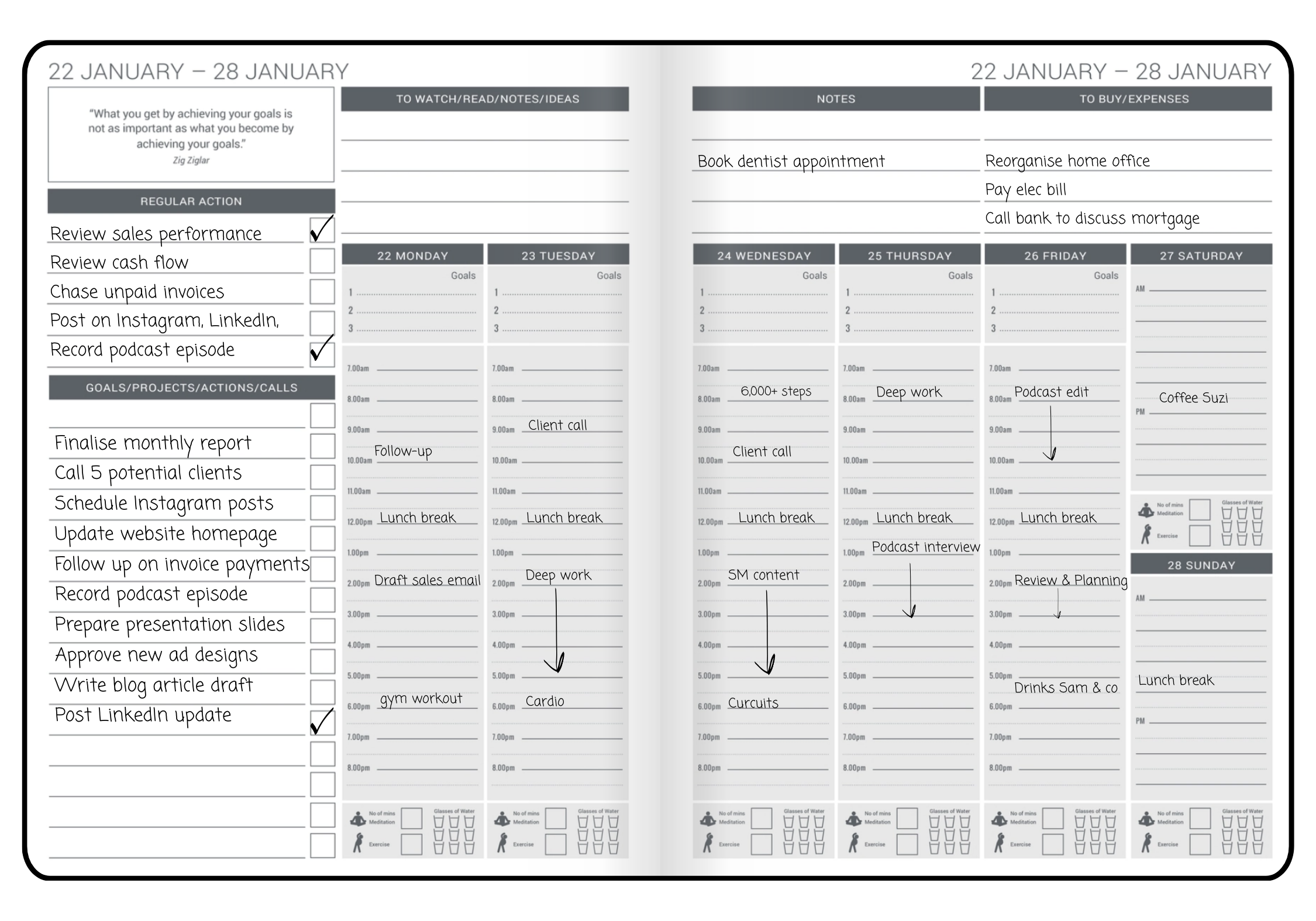 Weekly layout with goals and time blocking in MY PA planner