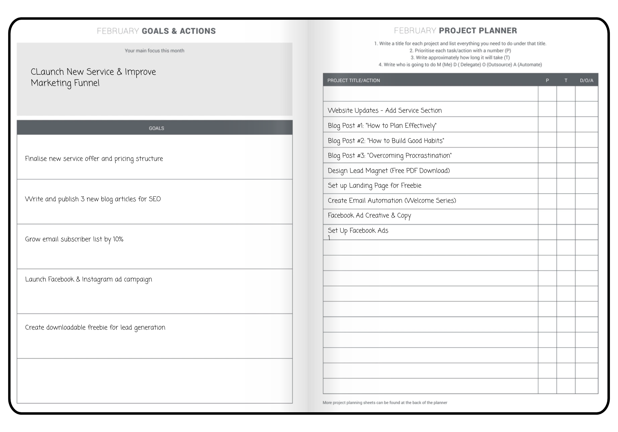 Monthly goals and projects layout in MY PA planner