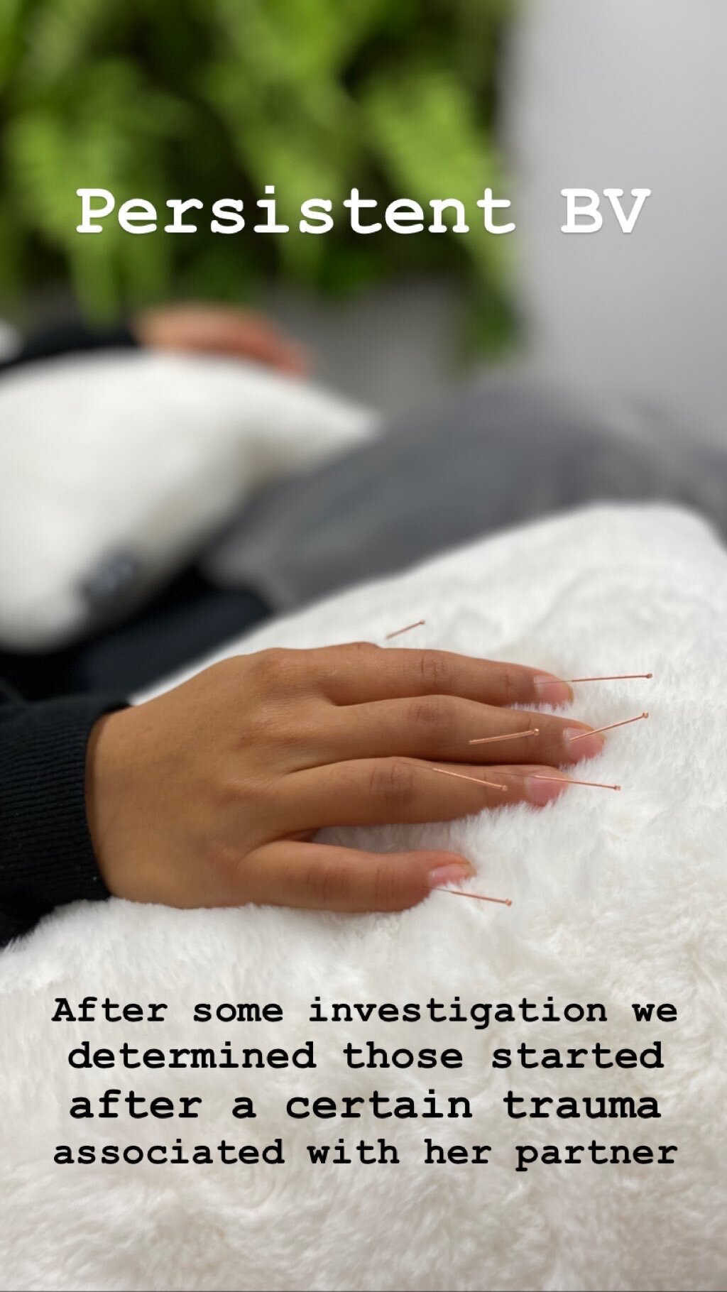  SuJok acupuncture in Vancouver used as alternative treatment for reproductive system issues and conditions. Patient received treatment for persistent Bacterial Vaginosis caused by trauma associated with partner 