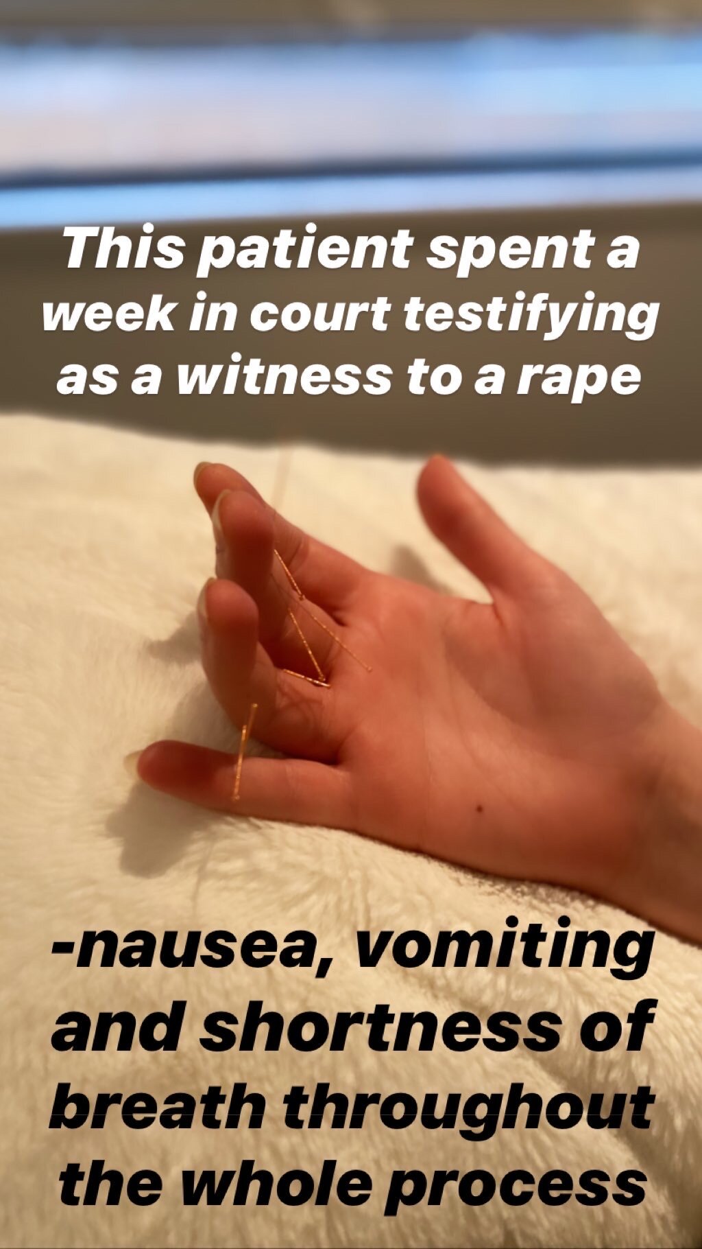  SuJok acupuncture based in Vancouver used for treating mental health. Patient received treatment for stress, nausea, vomiting and fatigue after testifying as a witness to a rape. 