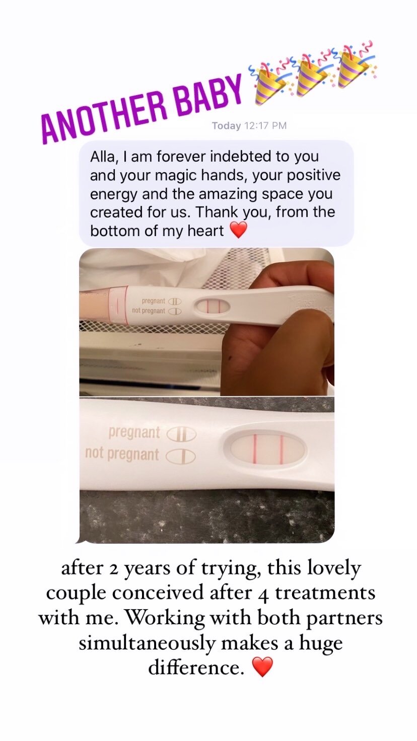  SuJok Acupuncture treatment at alla ozerova acupuncture clinic located in Vancouver used to treat fertility and reproductive health. Screenshot of patient expressing gratitude from positive pregnancy test after only 4 treatments 