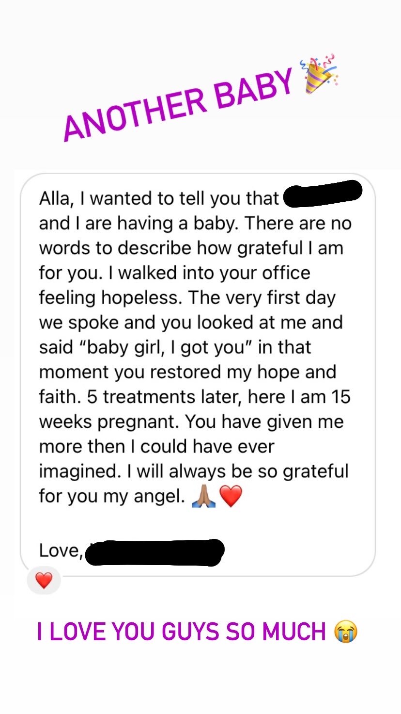  SuJok acupuncture treatment based in Vancouver at Alla Ozerova acupuncture clinic used to treat Fertility. Picture of patient’s text saying she is pregnant and expressing gratitude.  