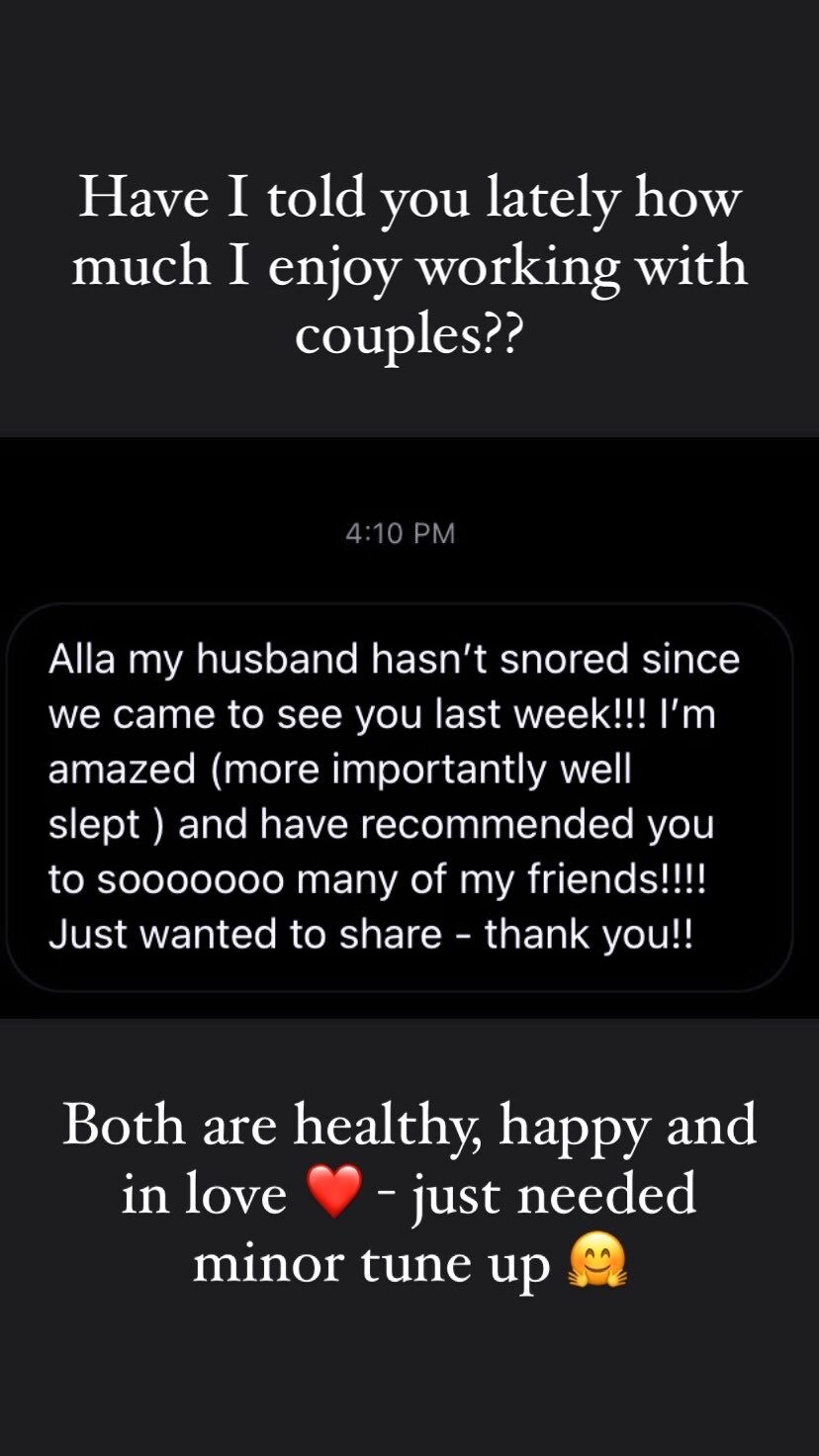  SuJok acupuncture treatment based in Vancouver at Alla Ozerova Acupuncture Clinic used as alternative to couples therapy. Patient expresses gratitude since her husband stopped snoring after a few treatments.  