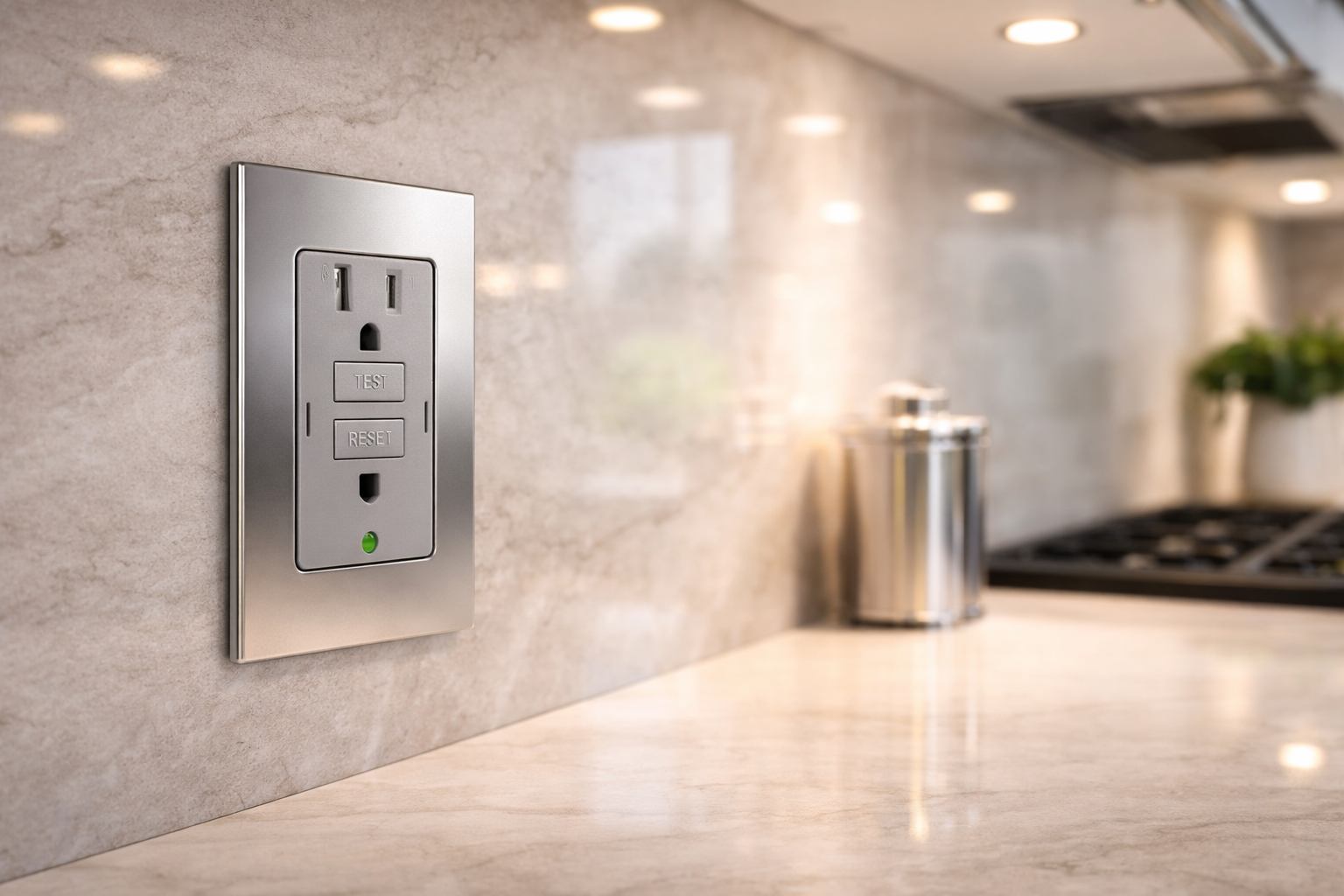 Modern GFCI outlet installed in a high end Austin kitchen with stainless steel wall plate