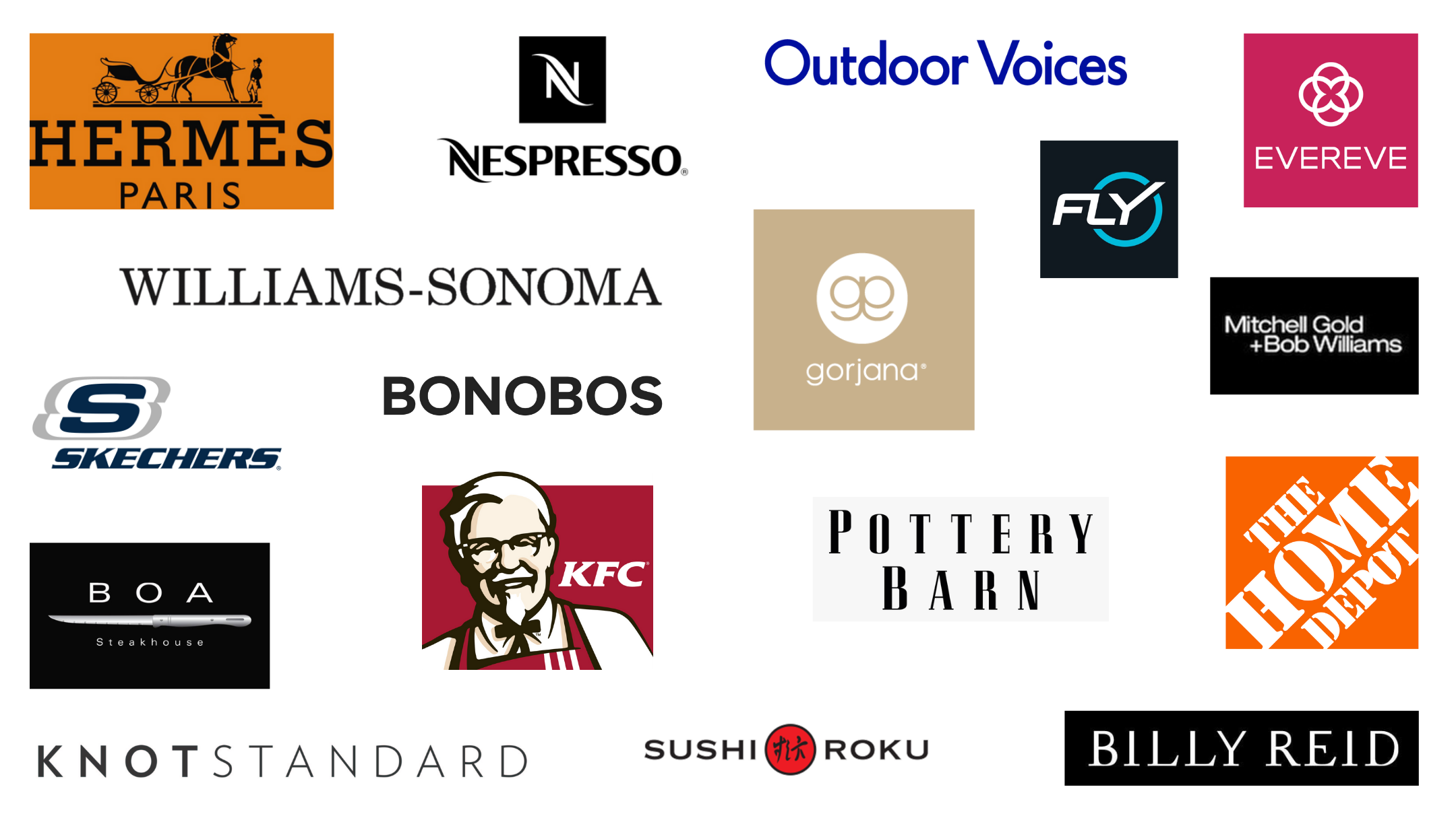 HandyMatt commercial clients including, Hermès, Nespresso, Outdoor Voices, EverEve, Williams-Sonoma, Gorjana, Skechers, Bonobos, Mitchell Gold + Bob Williams, BOA Steakhouse, KFC, Pottery Barn, The Home Depot, Knot Standard, Sushi Roku, Billy Reid