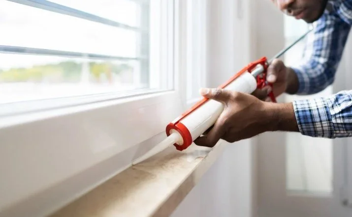 Professional handyman applying caulk to window frame during expert caulking service in Austin home.