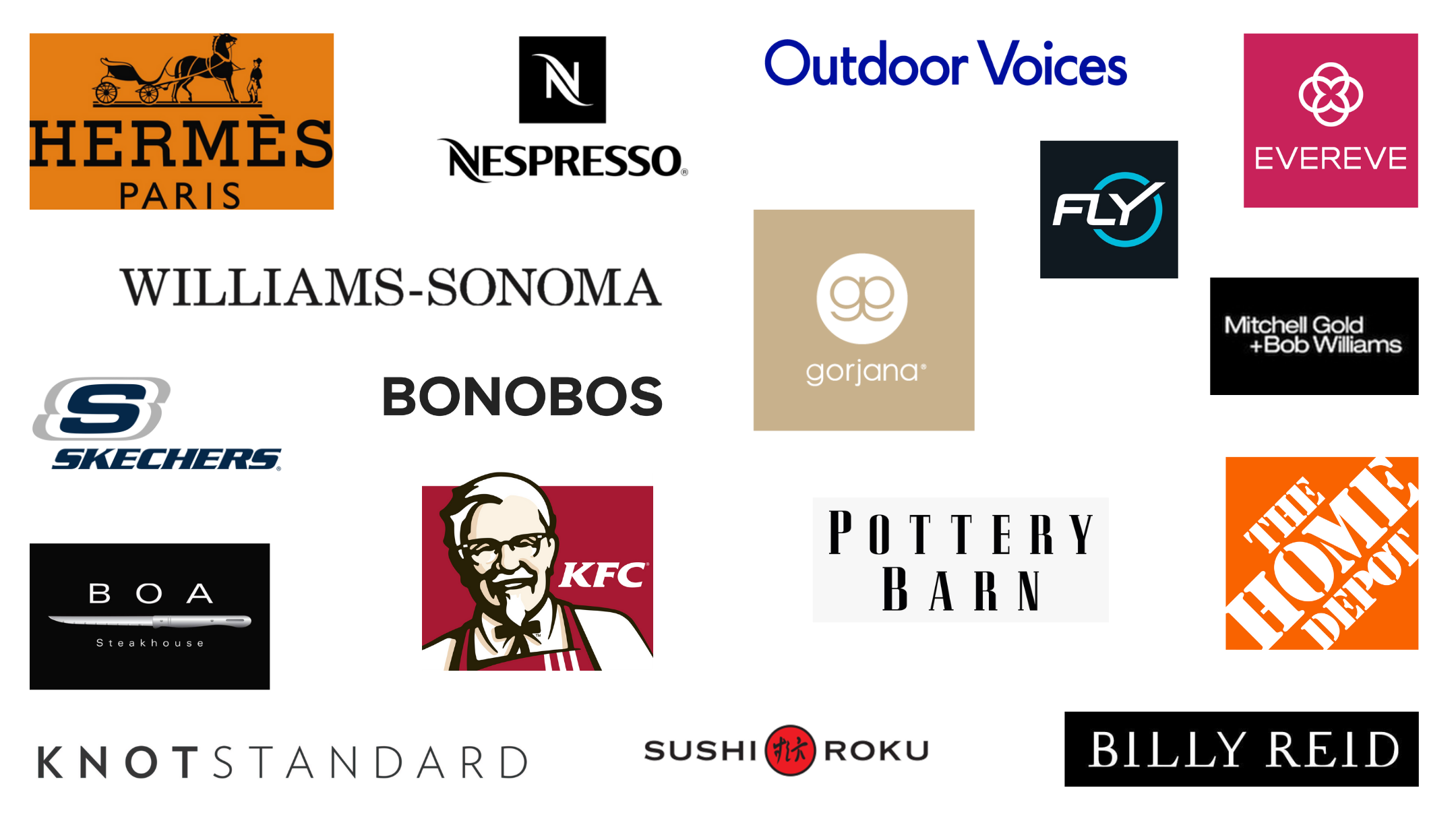 Logos of top brands serviced by HandyMatt for commercial handyman services in Austin, Texas including Gorjana, Sketchers, KFC, Nespresso, and more.