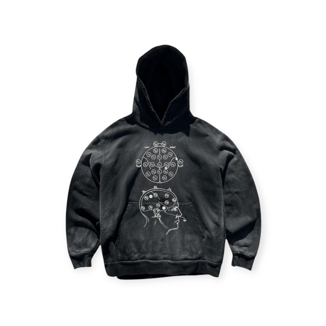 "Mind chemistry" hooded distressed sweatshirt.