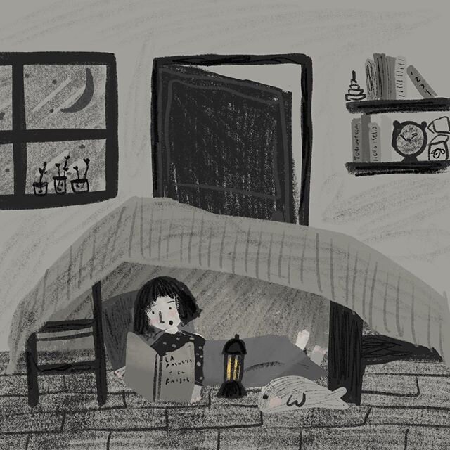 Camping on my room, reading my favorite process story. 
I want it yo try something new so I did this grayscale illustration. What you guys think? 😩