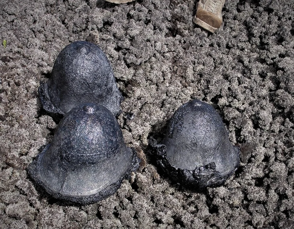 Three pith helmets, cast lava, each 22.5 x 25 x 30cms. 2015