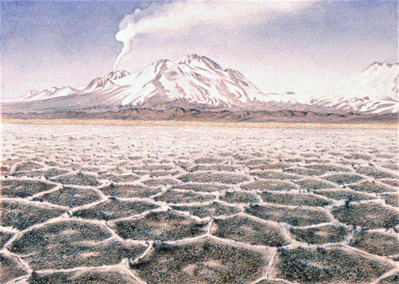    Volcan Lascar and salt polygones , 23 x 30.5cm, pencil on paper, 1984.  
