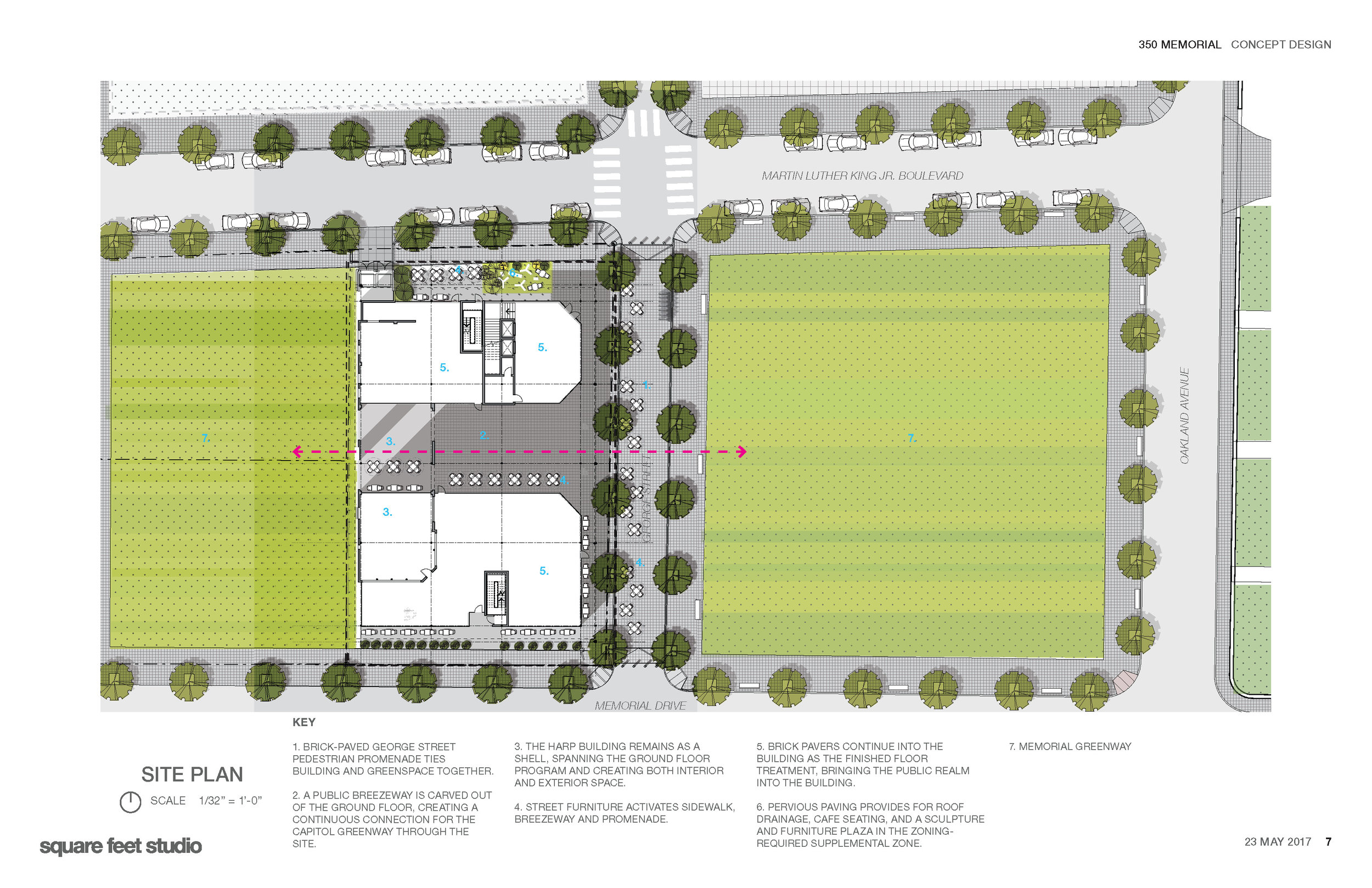 George Street will be paved with brick to create a pedestrian promenade that ties the building and greenspace together.