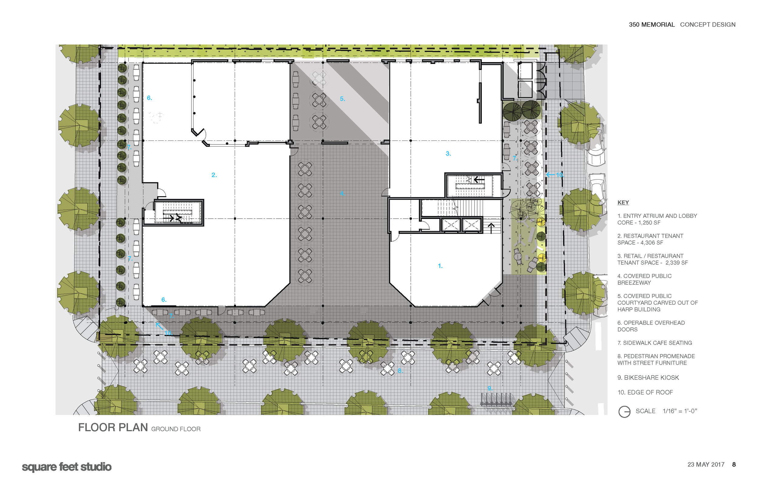 The Harp building remains as a shell, spanning the ground floor program and creating both interior and exterior space.