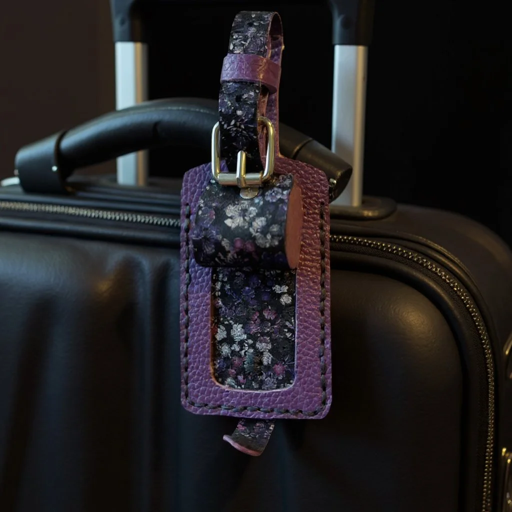 Upswings Travel Tag purple and black flowers