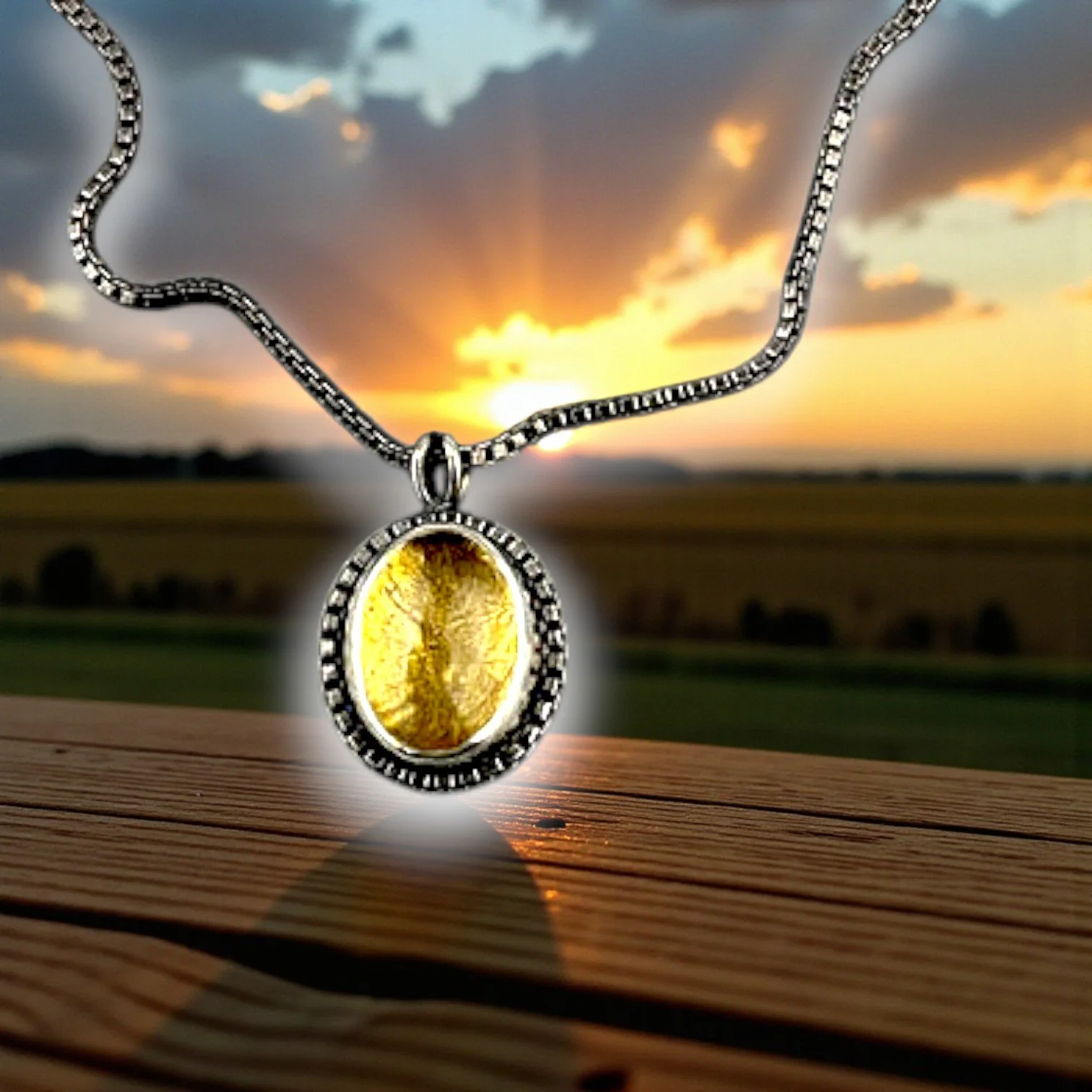 Gold Under Quartz Pendant On Silver Chain And Box Setting