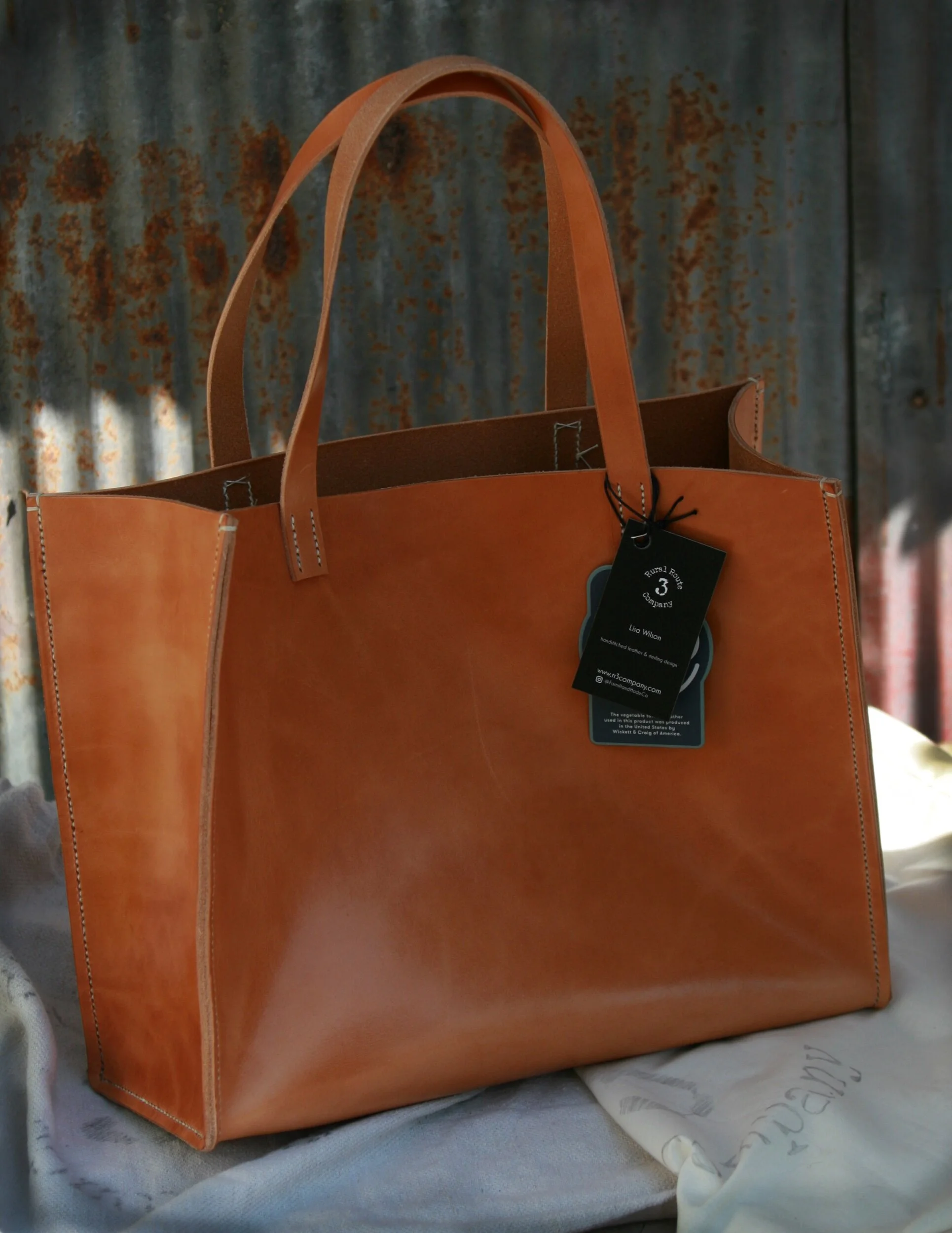 Leather hand stitched tote