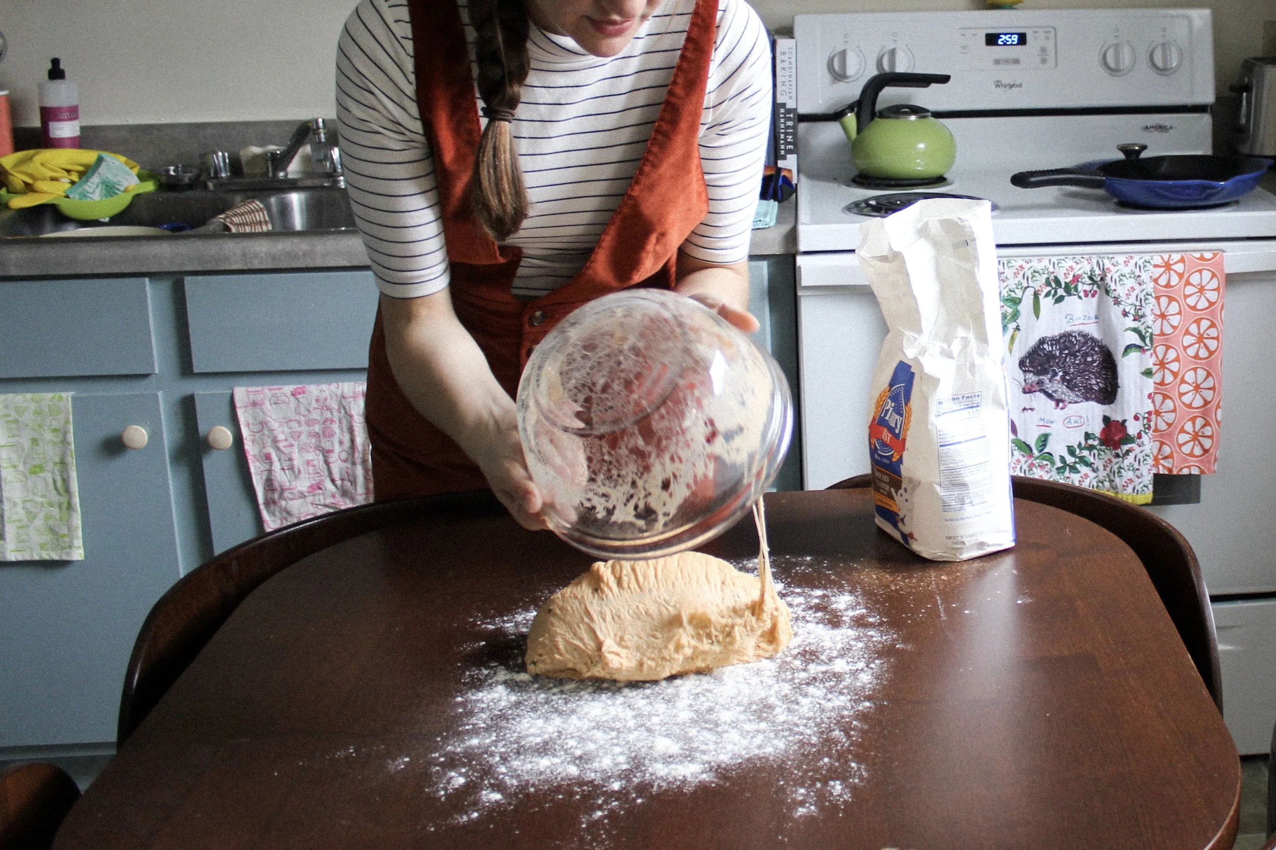  Paul has instructions for hand kneading, but this can also be made in a mixer with a dough hook. Mix on slow as dough comes together, until you’ve added all of the water, then increase to medium for seven minutes.