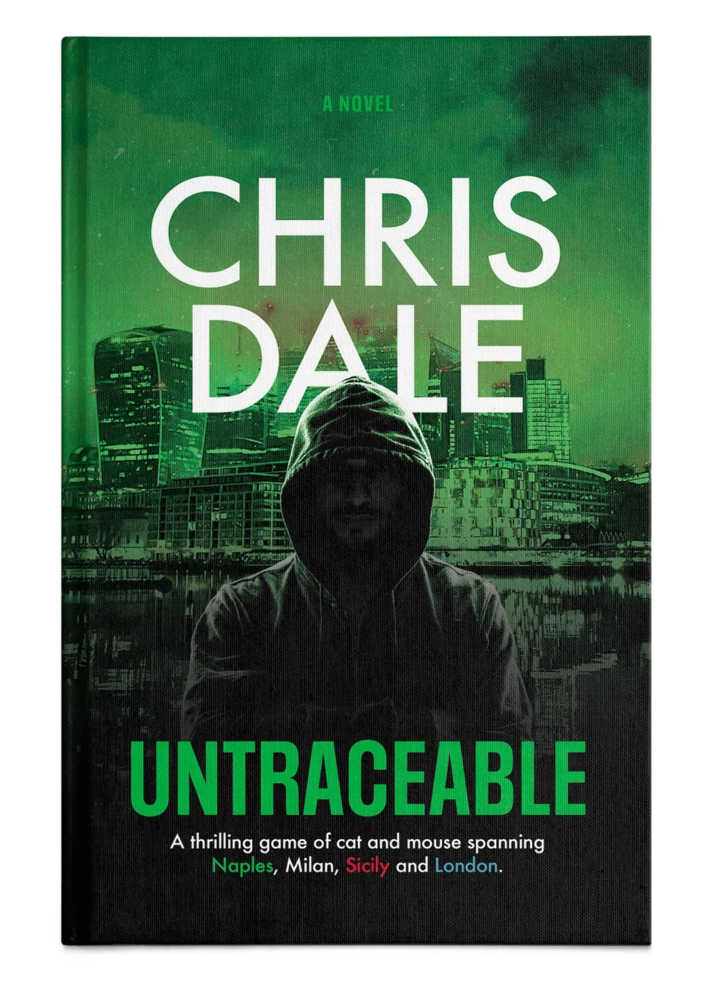 Book cover titled 'Untraceable' by Chris Dale, featuring a silhouette of a hooded figure in front of a city skyline with modern buildings, with a green overlay.