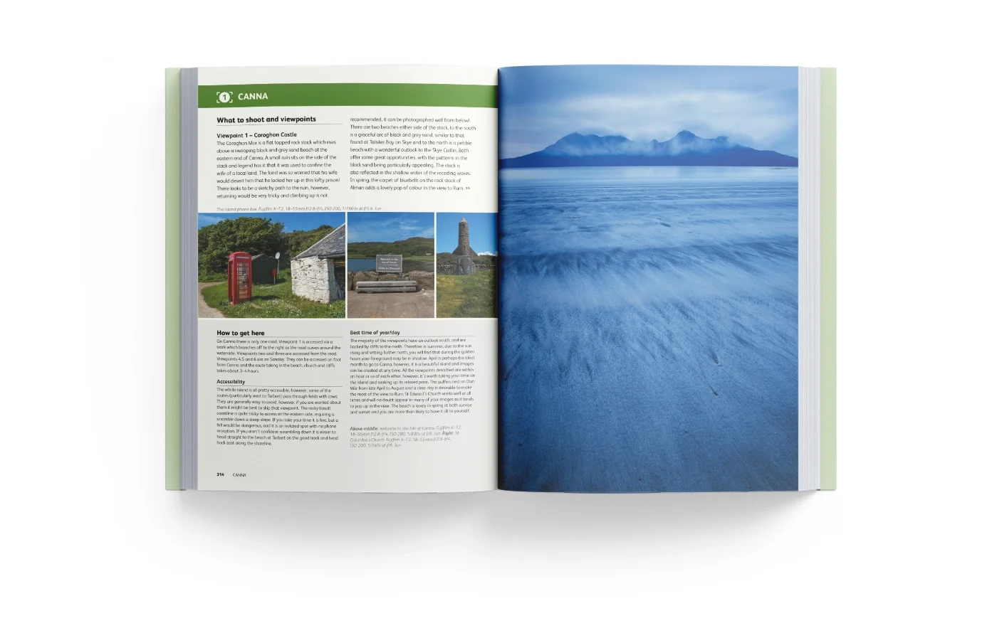 Open travel guidebook showing pages about a scenic location with a mountain, water, and a volcano in the background.