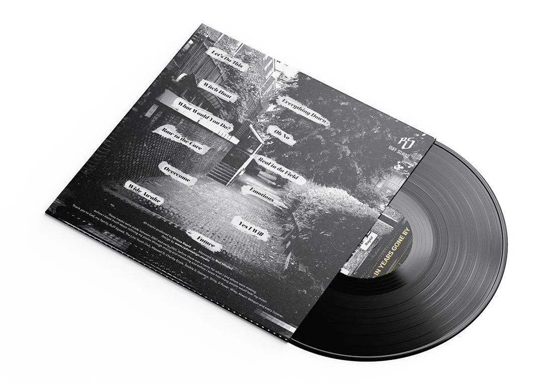 Black and white vinyl record and album cover featuring a porch scene with directional white text labels pointing to different parts of the scene.