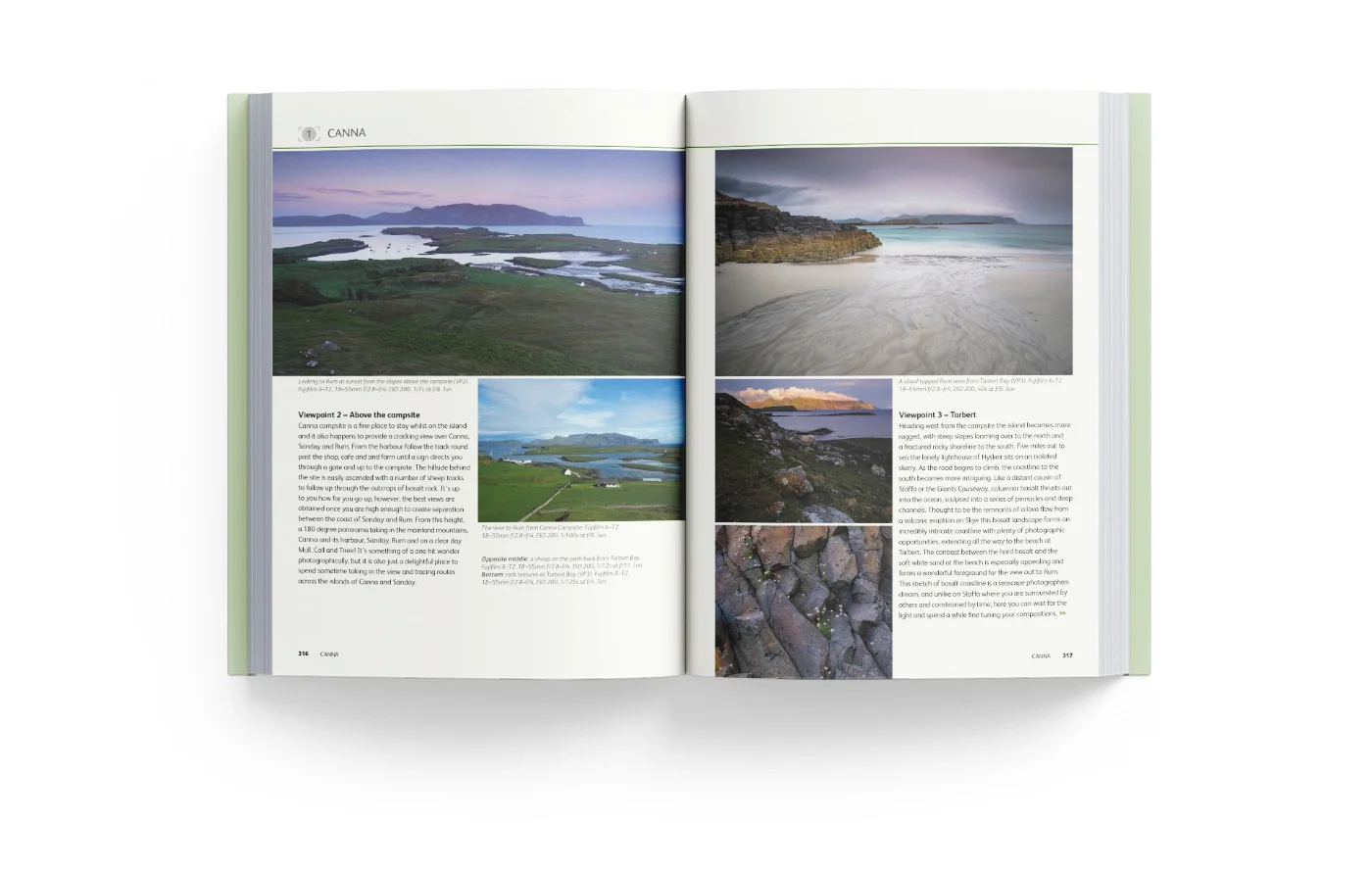 Open travel guide with images of coastal landscapes and descriptive text about sightseeing locations.