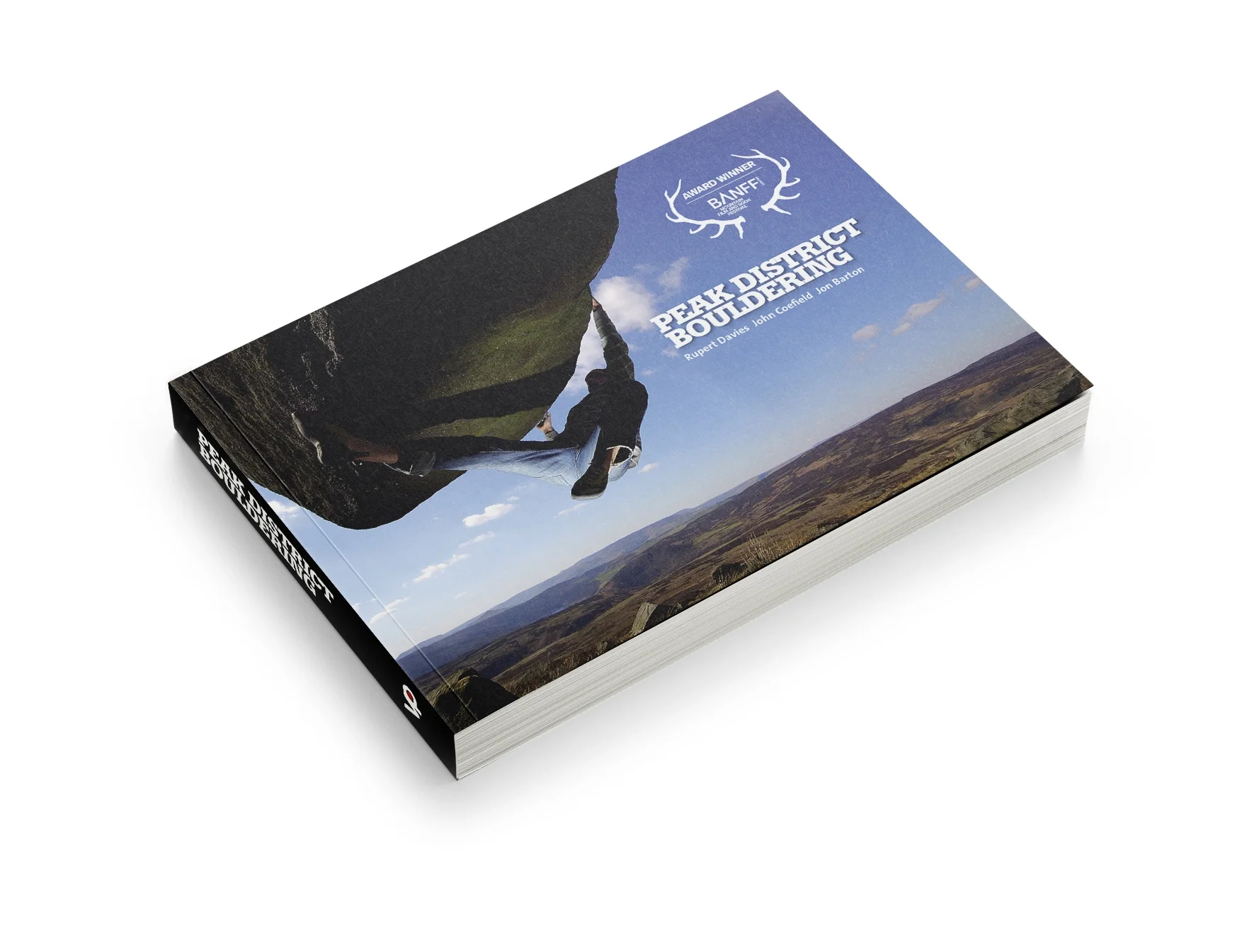 Book titled 'Peak District Bouldering' with a cover image of a climber on a large boulder in a scenic outdoor landscape.