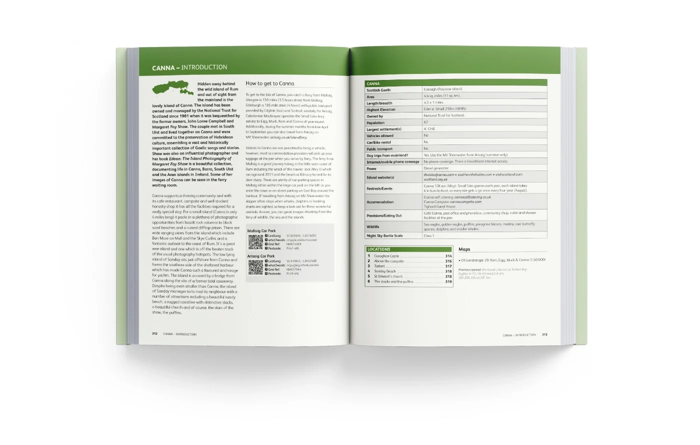 Open book about Canna with green headings, text columns, a map, and QR codes surrounded by a white background.