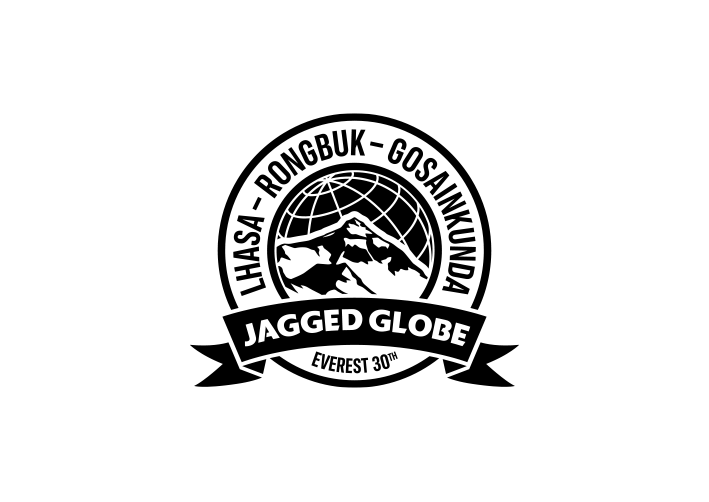 Jagged Globe Everest 30th anniversary logo showing the mountain and a globe with the words Lhasa, Rongbuk and Gosainkunda running around the outside