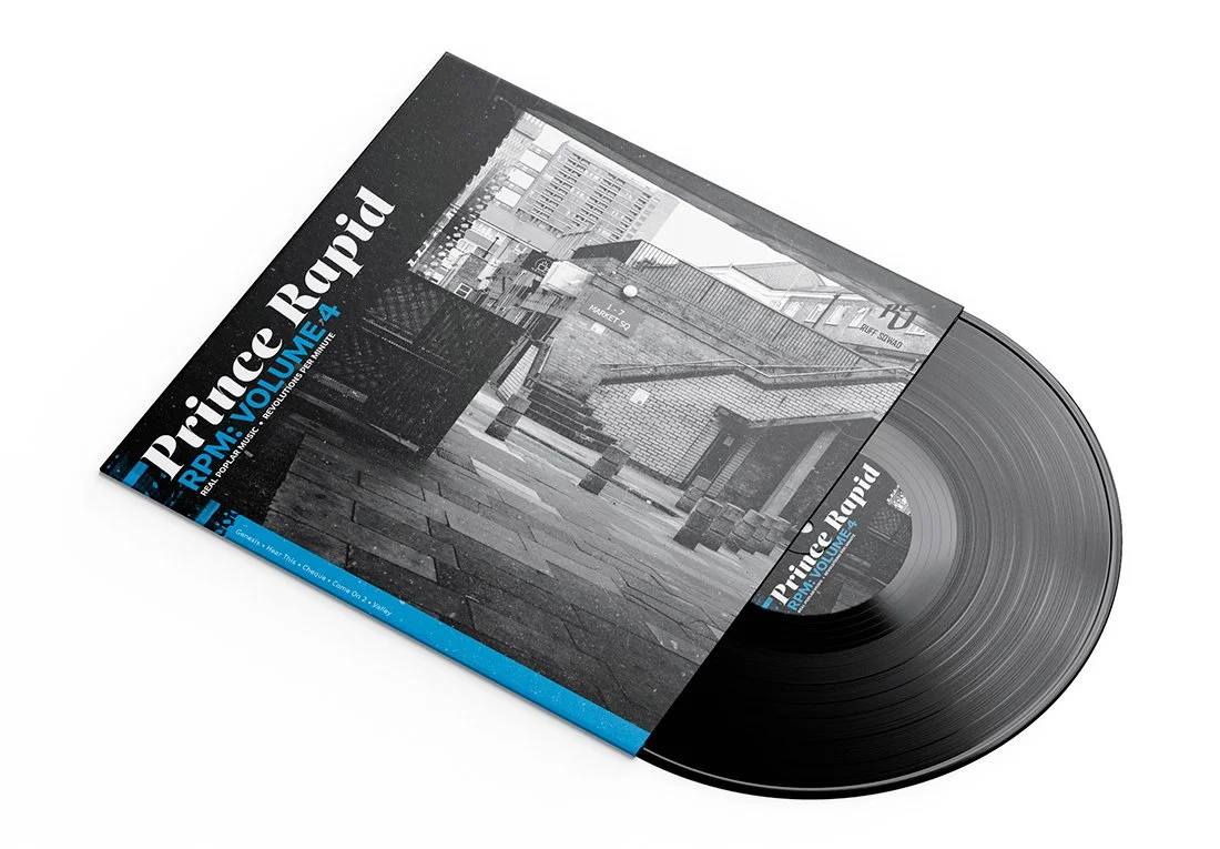 A vinyl record with a black and white urban scene on its sleeve, titled 'Prince Rapid RPM: Volume 4'.