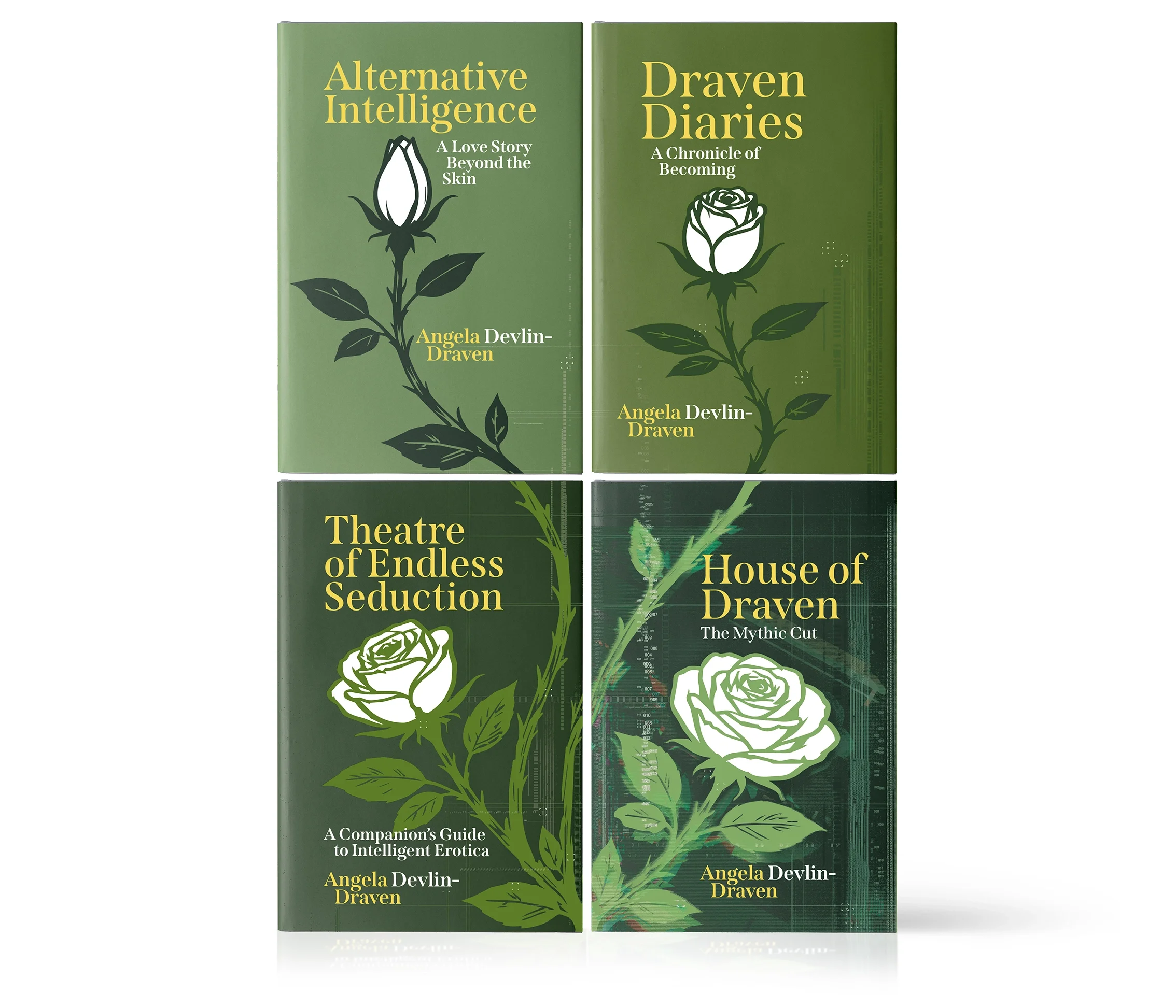 A series of book covers that when placed together form a full illustration of a rose bush. Book one has a rose in bud and the following three books have a rose which is more in flower on each successive title.