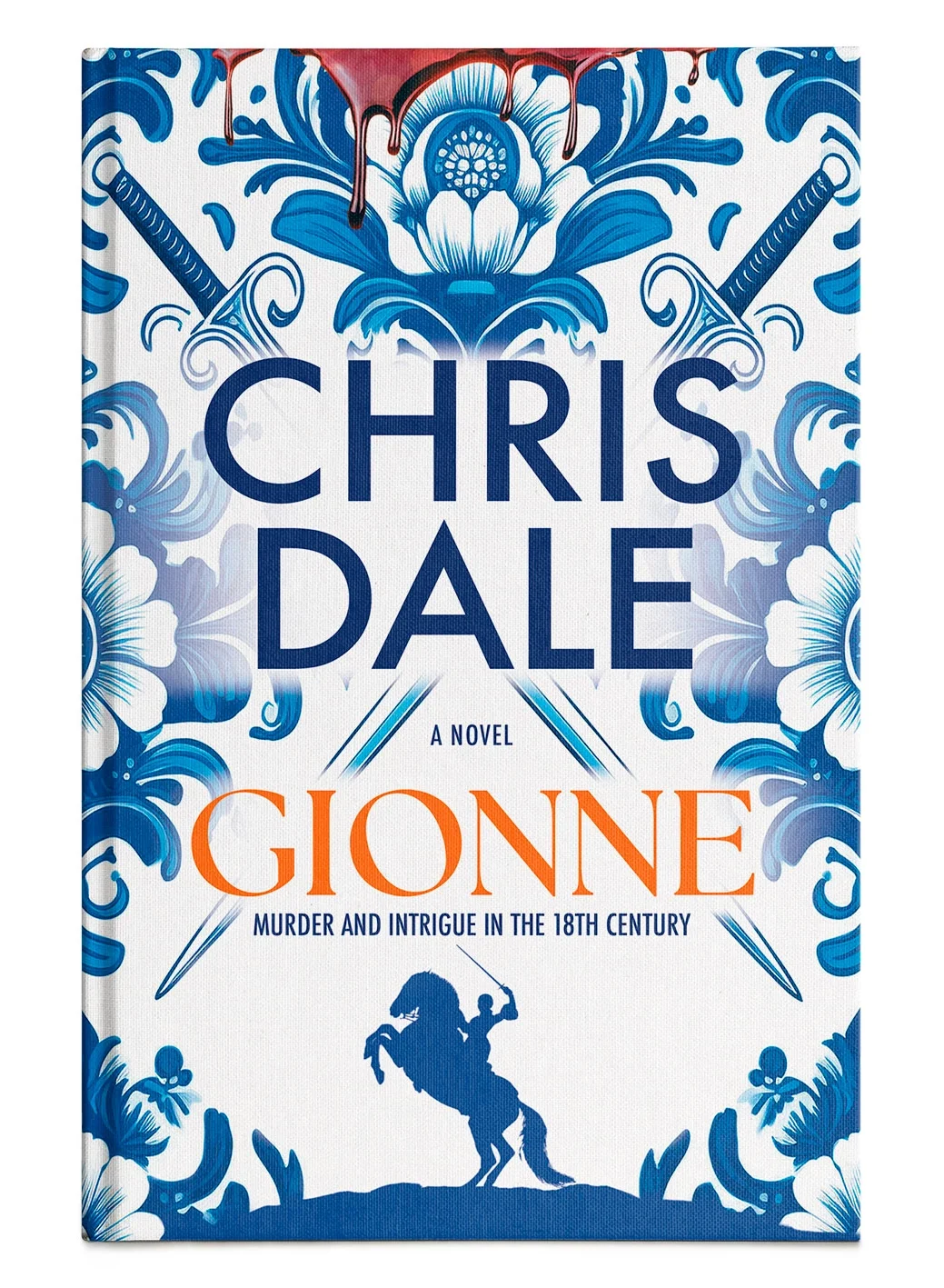Cover of the novel 'Gionne' by Chris Dale featuring a decorative blue and white floral pattern, two crossed swords at the top, and a silhouette of a knight on horseback at the bottom. The title 'Gionne' is in large orange letters.