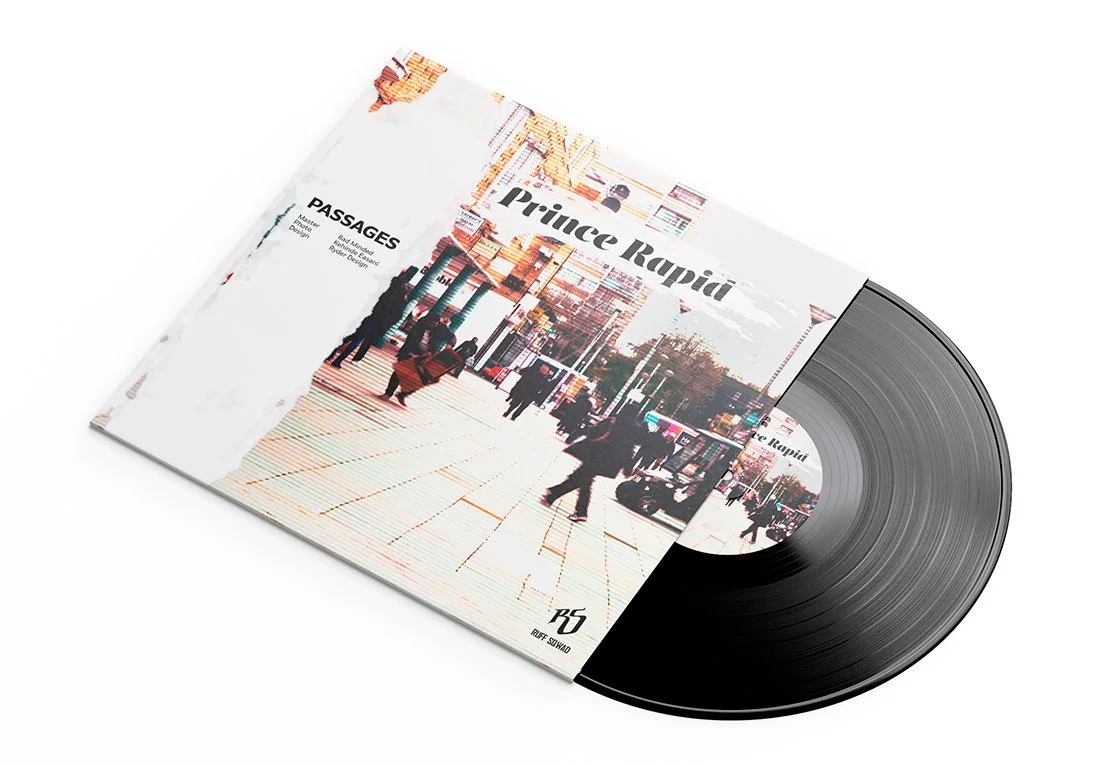 A vinyl record and album cover featuring a grunge full-colour photograph of a shopping precinct in London, and the text 'Prince Rapid – Passengers'.